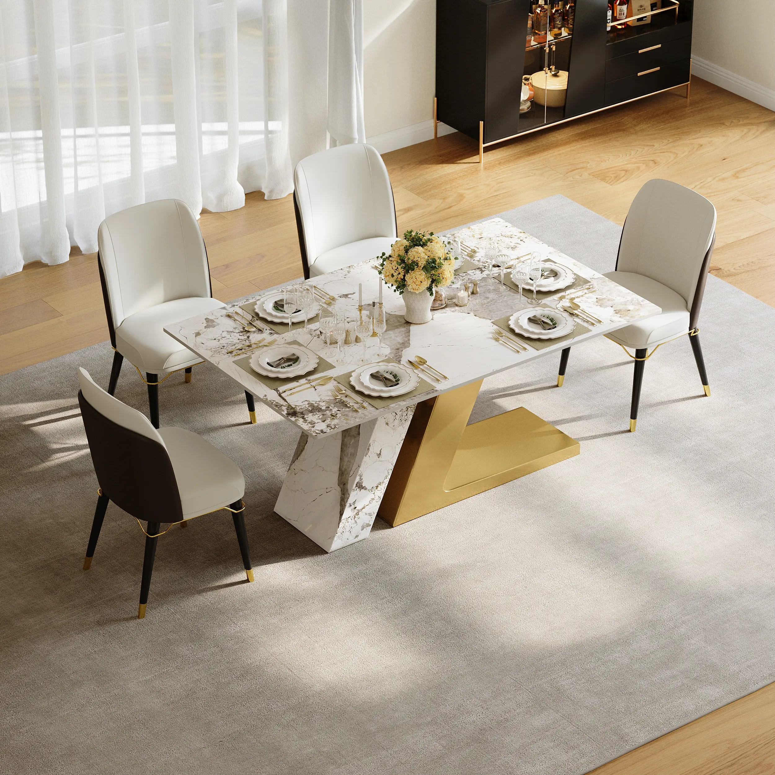 63" Rectangle Faux Marble Dining Table with 4 Chairs - Gold