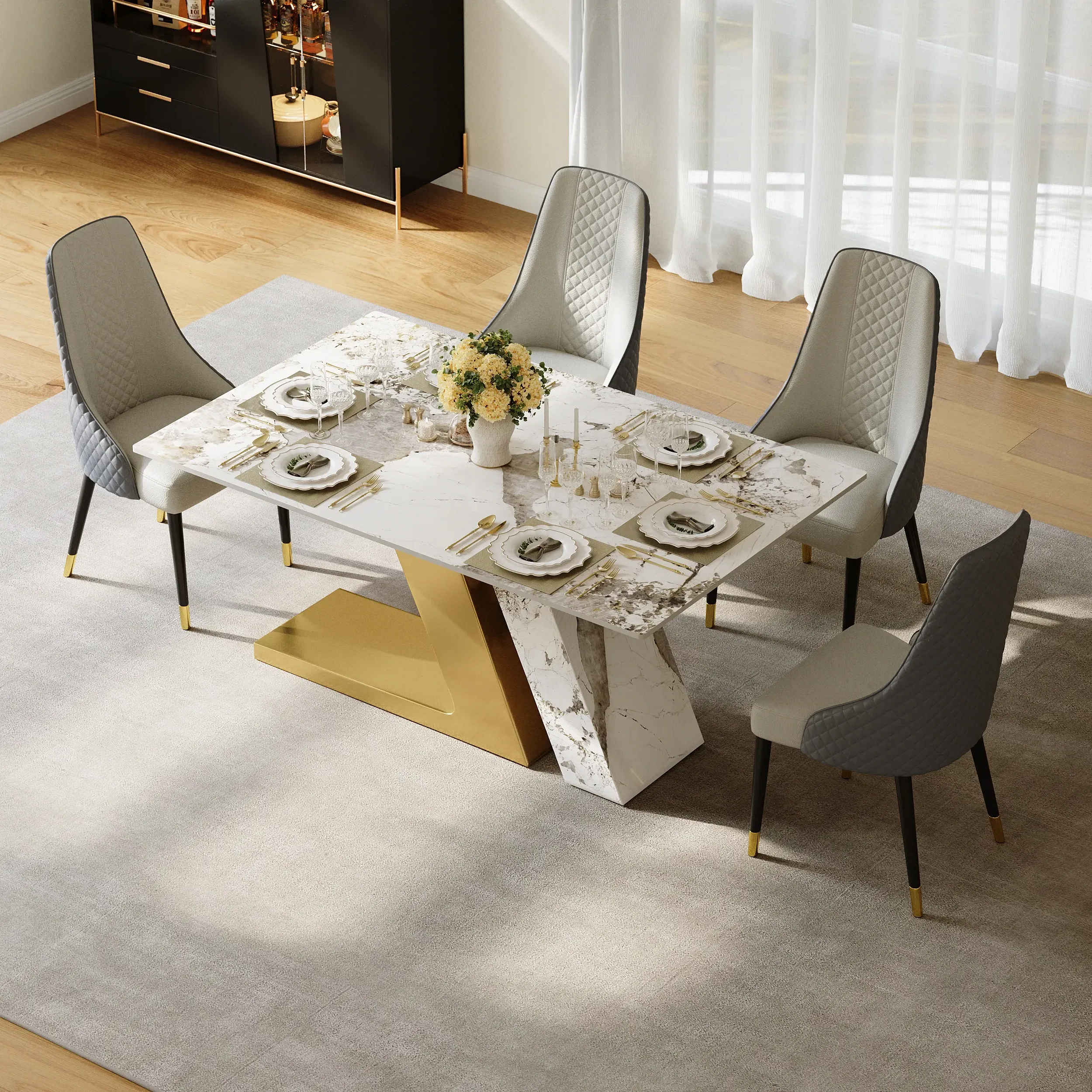 63" Rectangle Faux Marble Dining Table with 4 Chairs - Gold