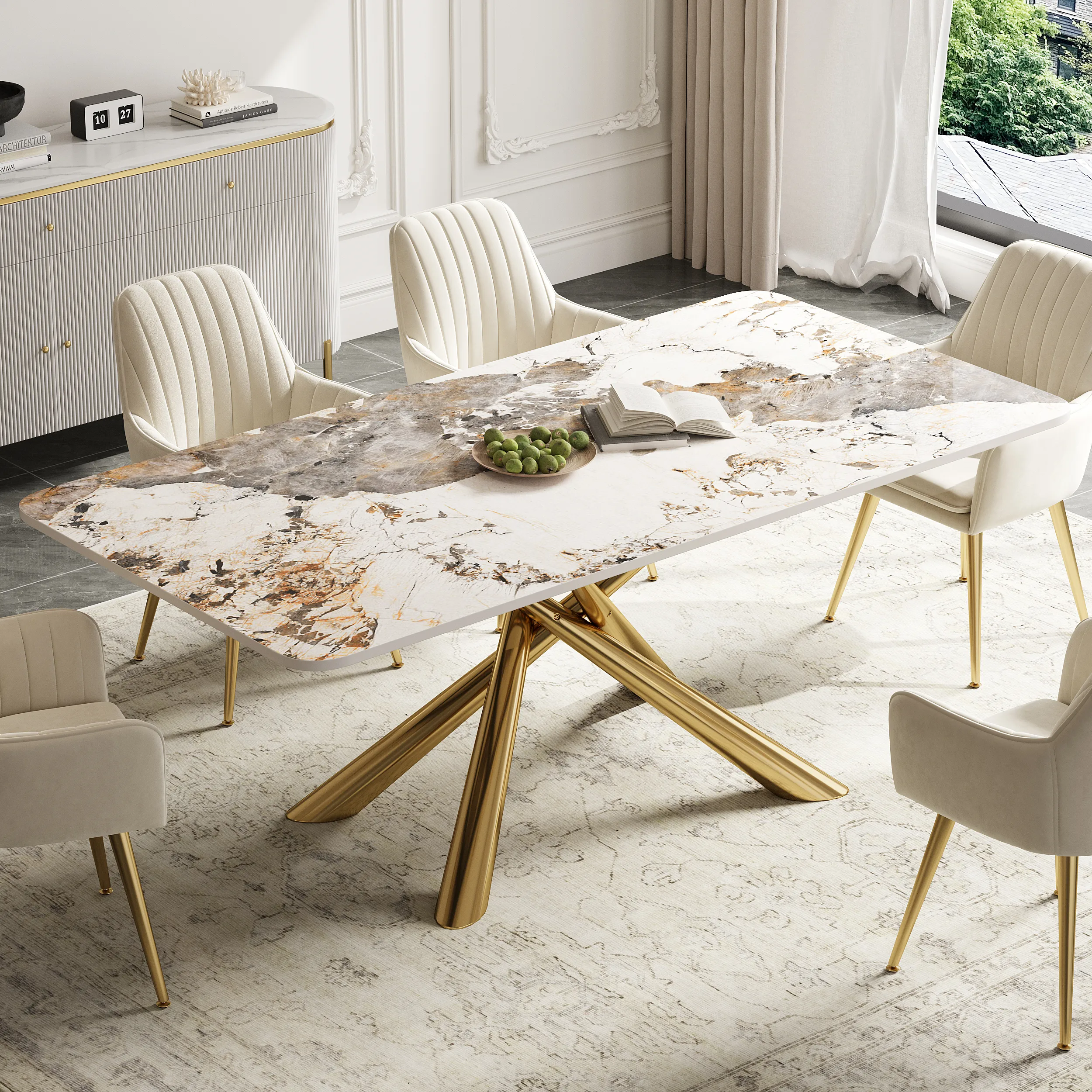 63" Rectangle Sintered Stone Dining Table with Trestle - Pandora, Gold