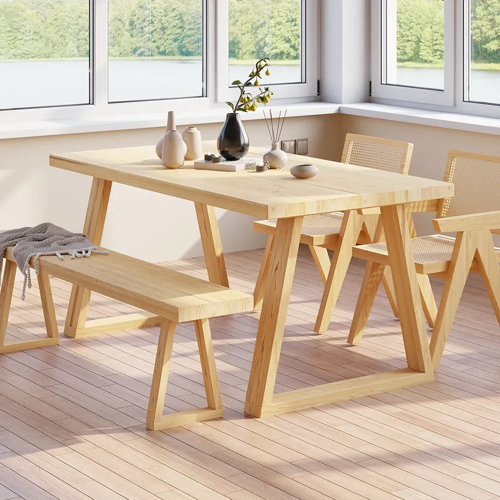 63" Rectangular Japandi Dining Table - Pine Wood image