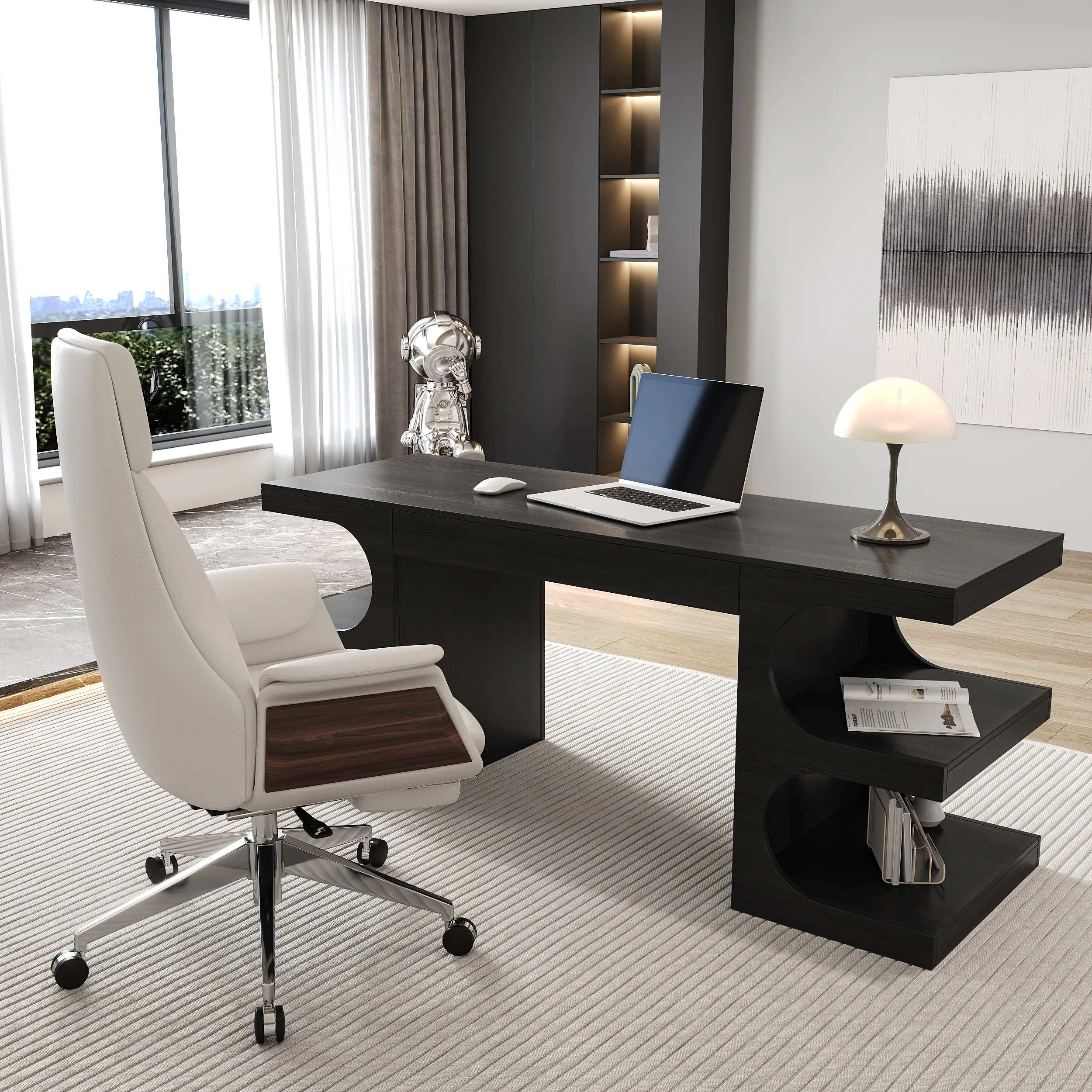 64.2" Writing Desk & High Back Office Chair Set - Black/White image