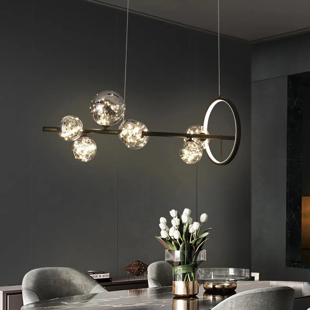7-Light Kitchen Island Pendant Light - Black, Glass Globe image