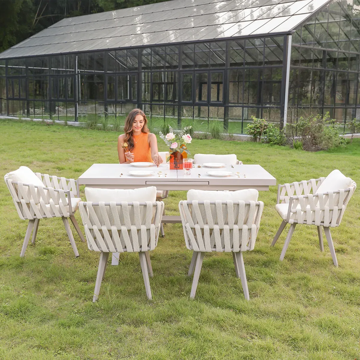 7-Piece Extendable Outdoor Dining Set with Marble Top - White