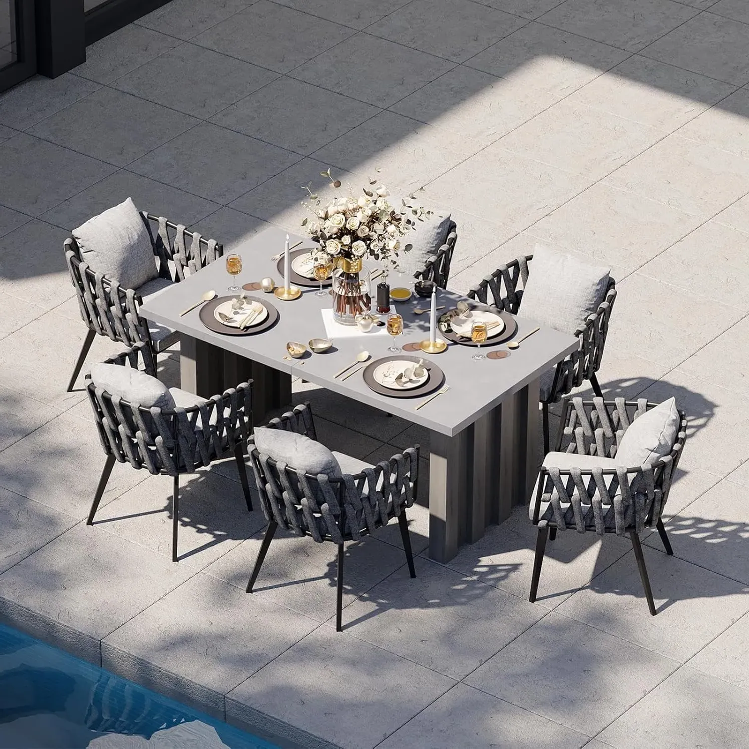 7-Piece Extendable Outdoor Dining Set with Woven Armchairs - Gray image