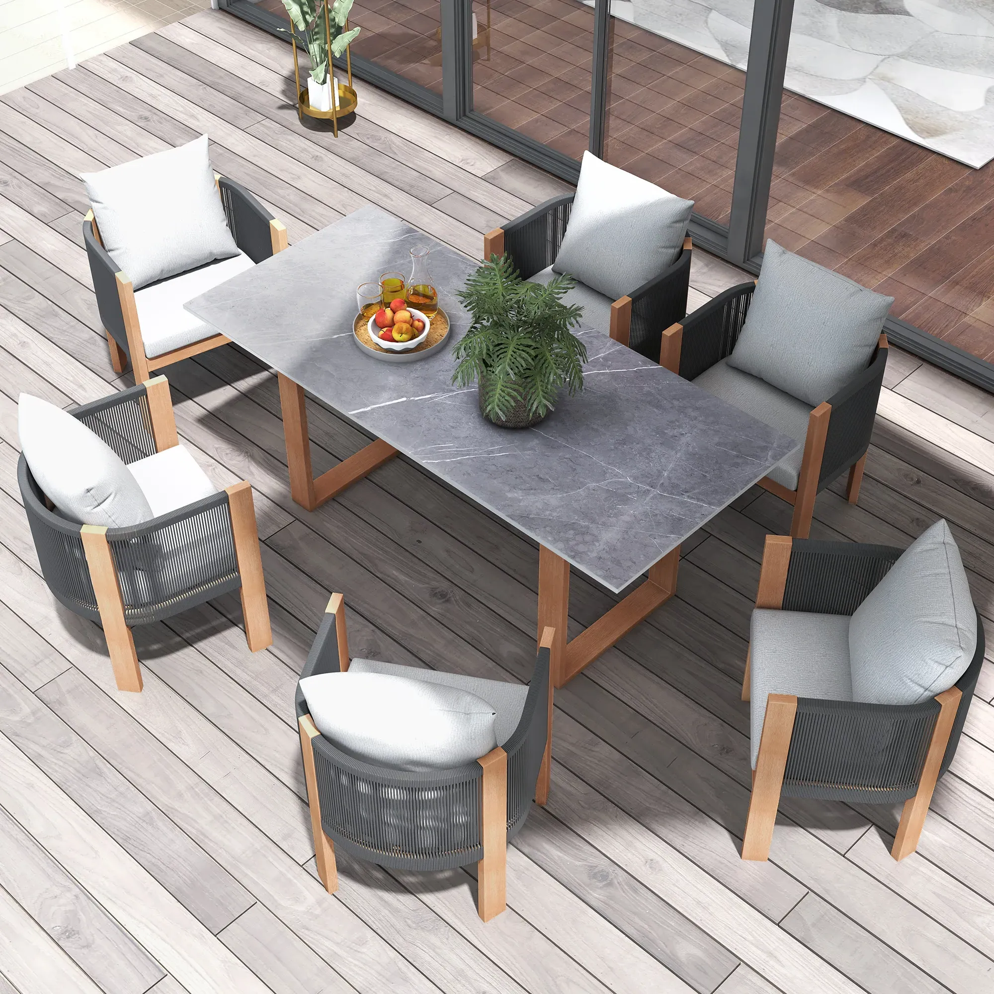 7-Piece Faux Marble Outdoor Dining Set with Woven Rope Chairs