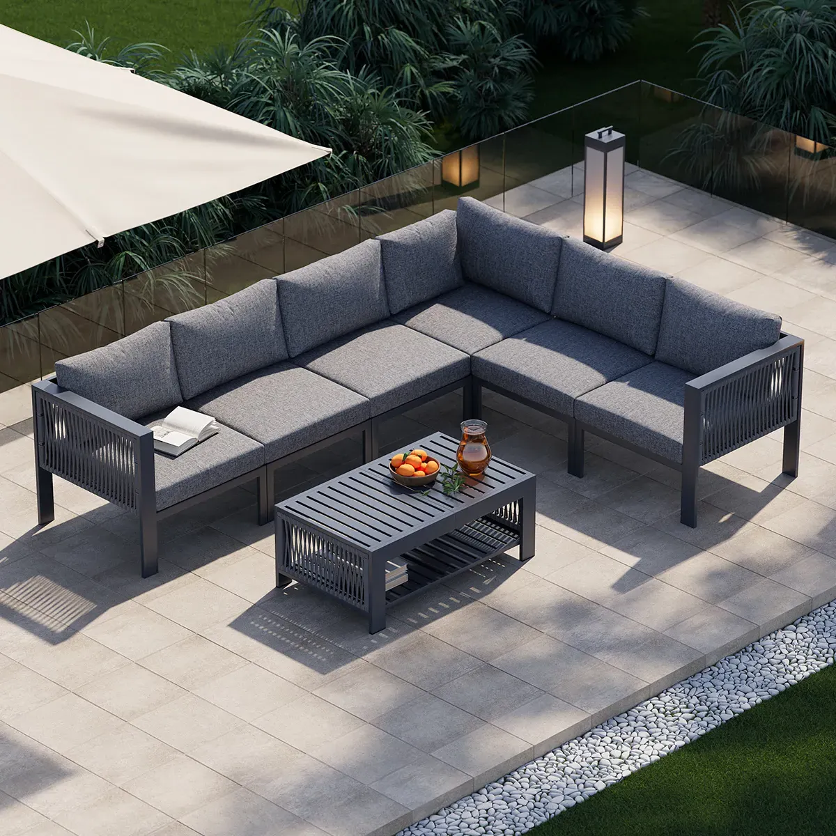7-Piece L-Shaped Patio Sectional Sofa Set with Coffee Table - Gray image