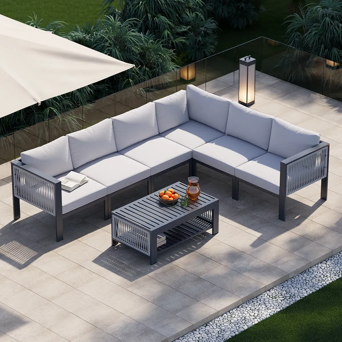 7-Piece L-Shaped Patio Sectional Sofa Set with Coffee Table - Light Gray image