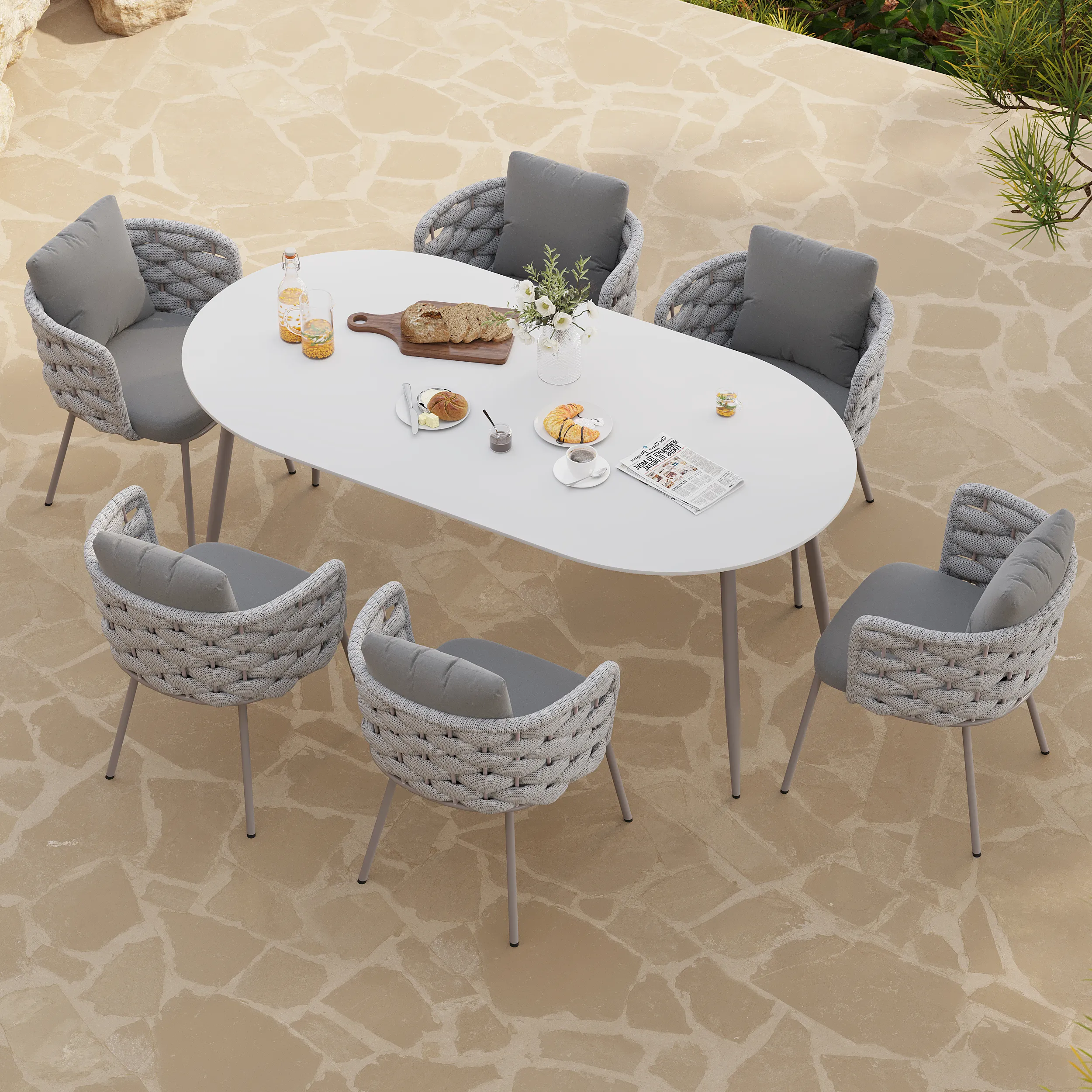 7-Piece Outdoor Dining Set with Rope Woven Armchairs - Grey image