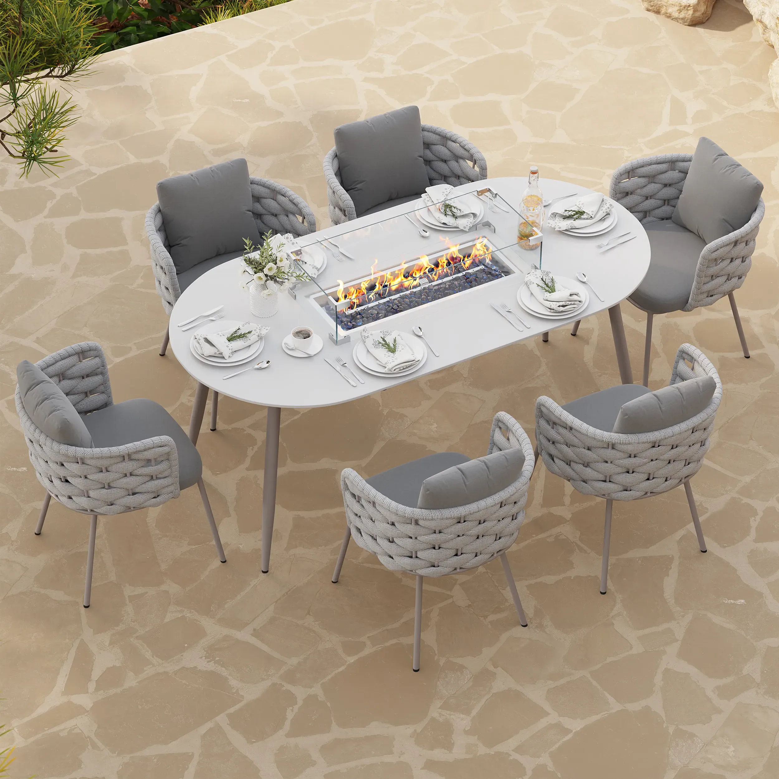 7-Piece Oval Fire Pit Dining Set with Woven Chairs - Grey