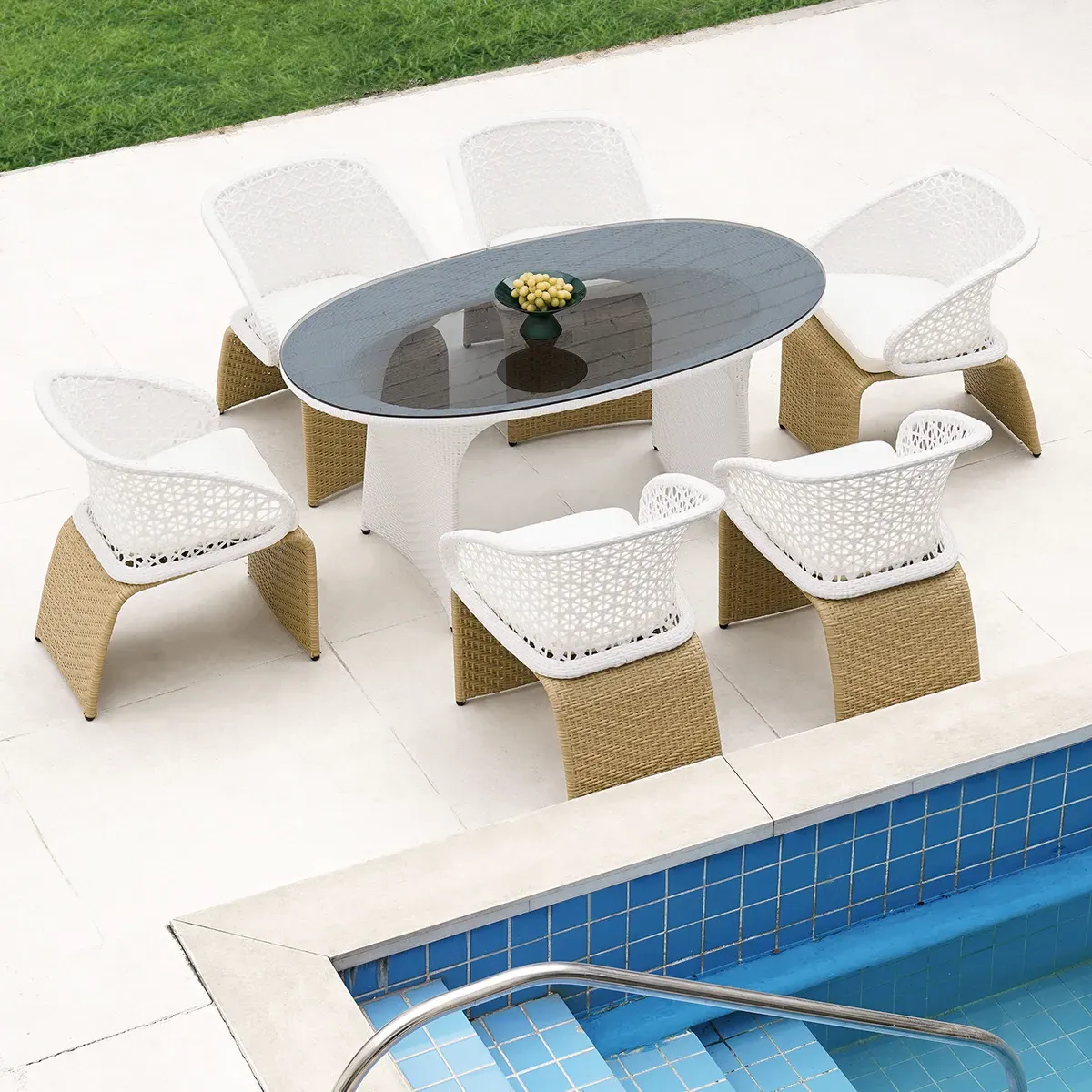 7-Piece Oval Glass Outdoor Dining Set with Rattan Armchairs