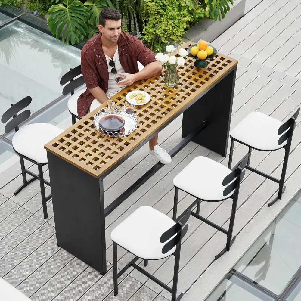 7-Piece Rectangle Teak Bar Dining Set - Natural