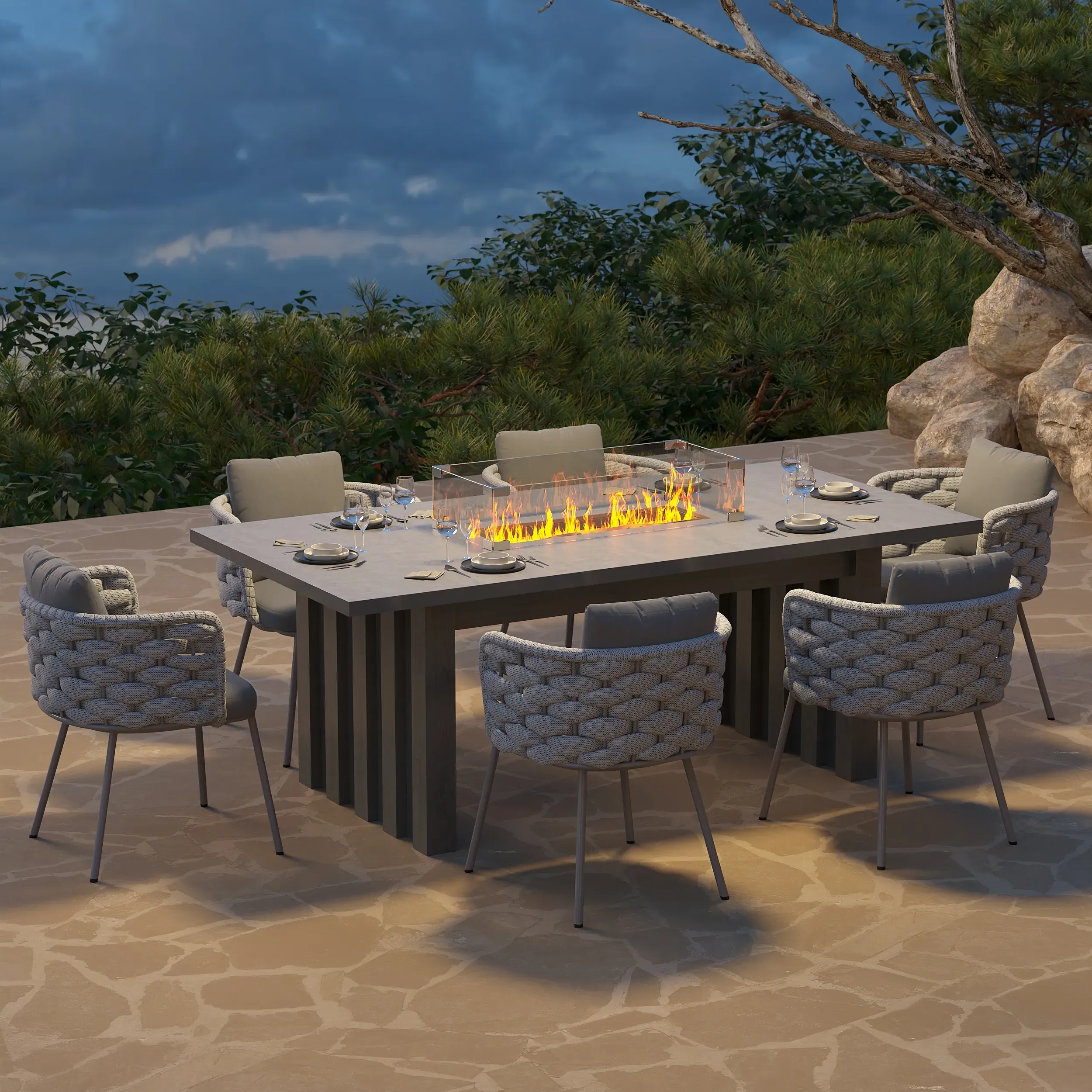 7-Piece Rectangular Fire Pit Dining Set with Woven Chairs - Grey