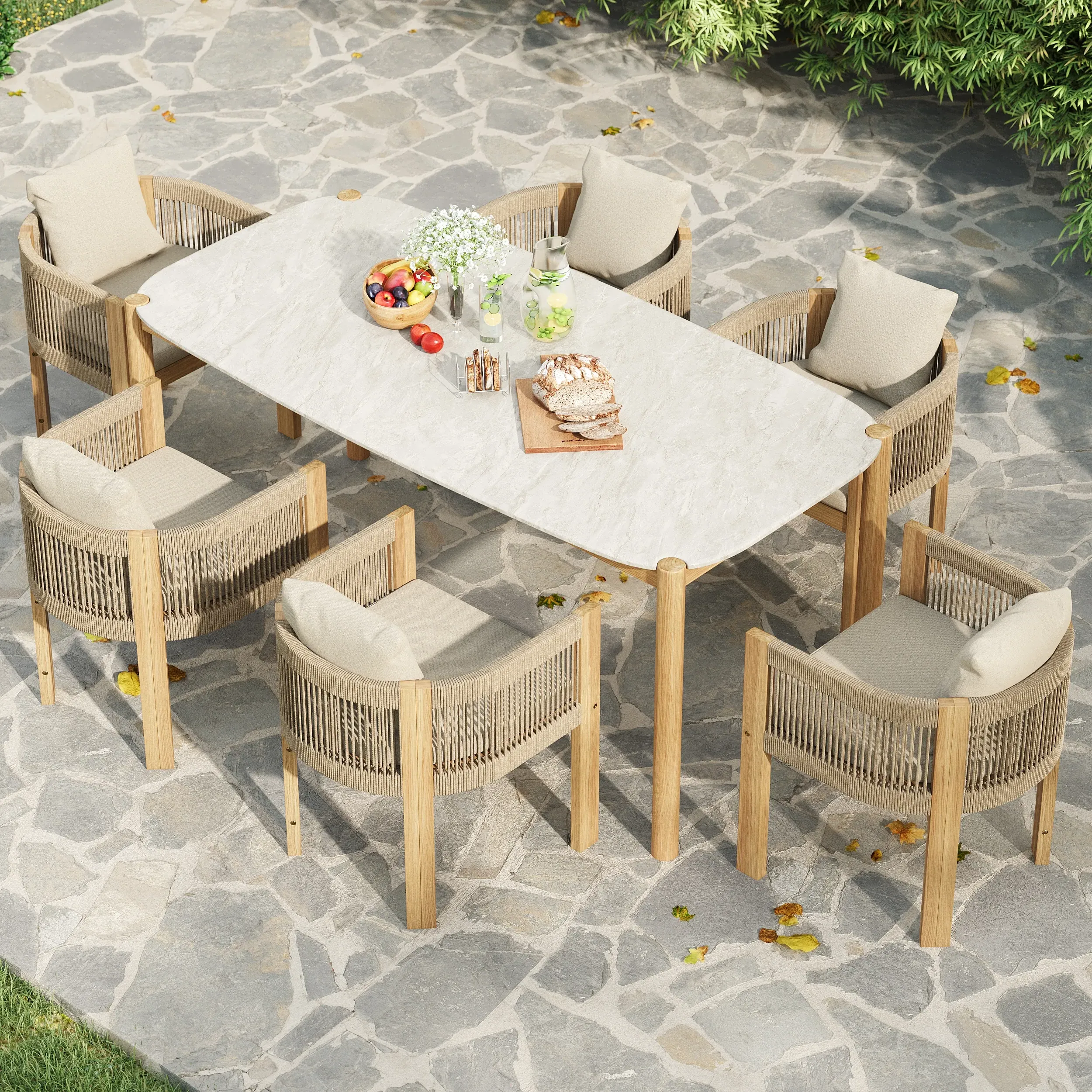 7-Piece Round Cement & Teak Outdoor Dining Set - Concrete
