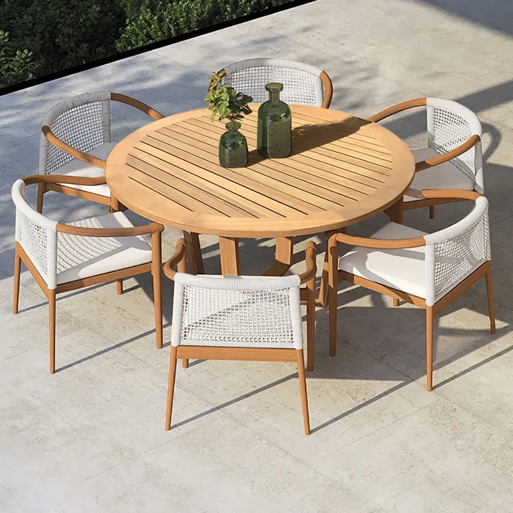 7-Piece Round Teak Outdoor Dining Set with Rope Chairs - Natural