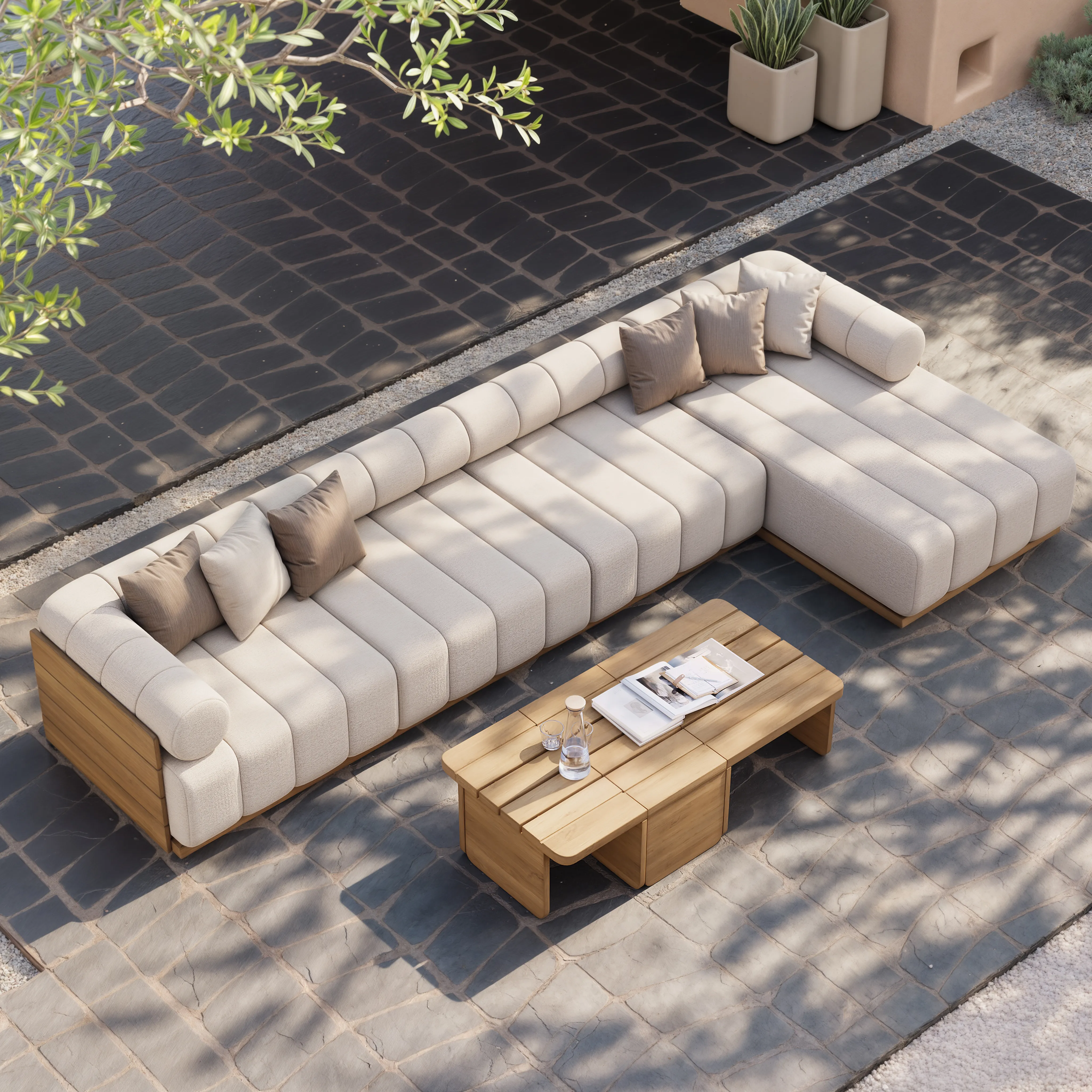 7-Piece Sectional Sofa Set with Coffee Tables - White, Teak image