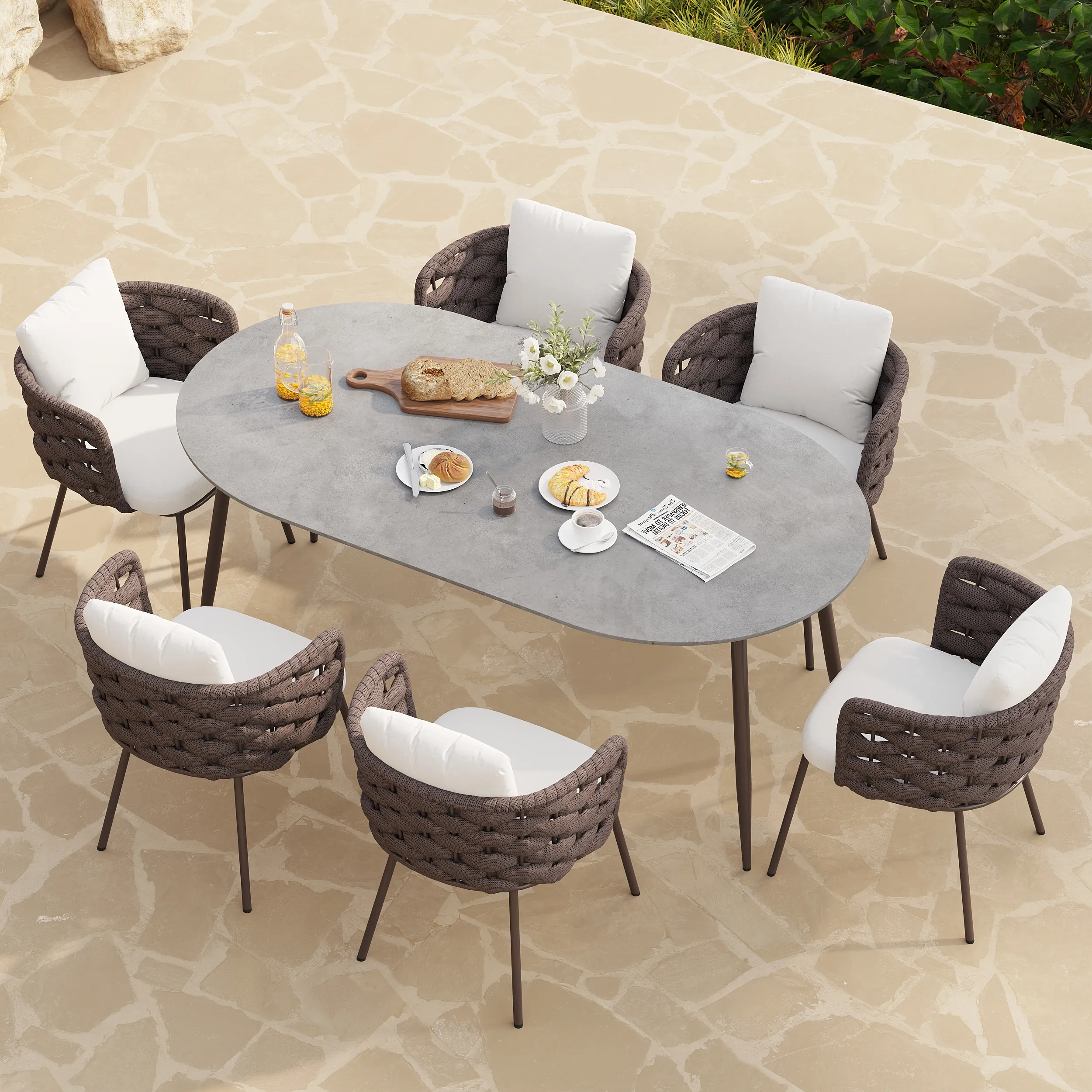 7-Piece Sintered Stone Outdoor Dining Set with Rope Chairs