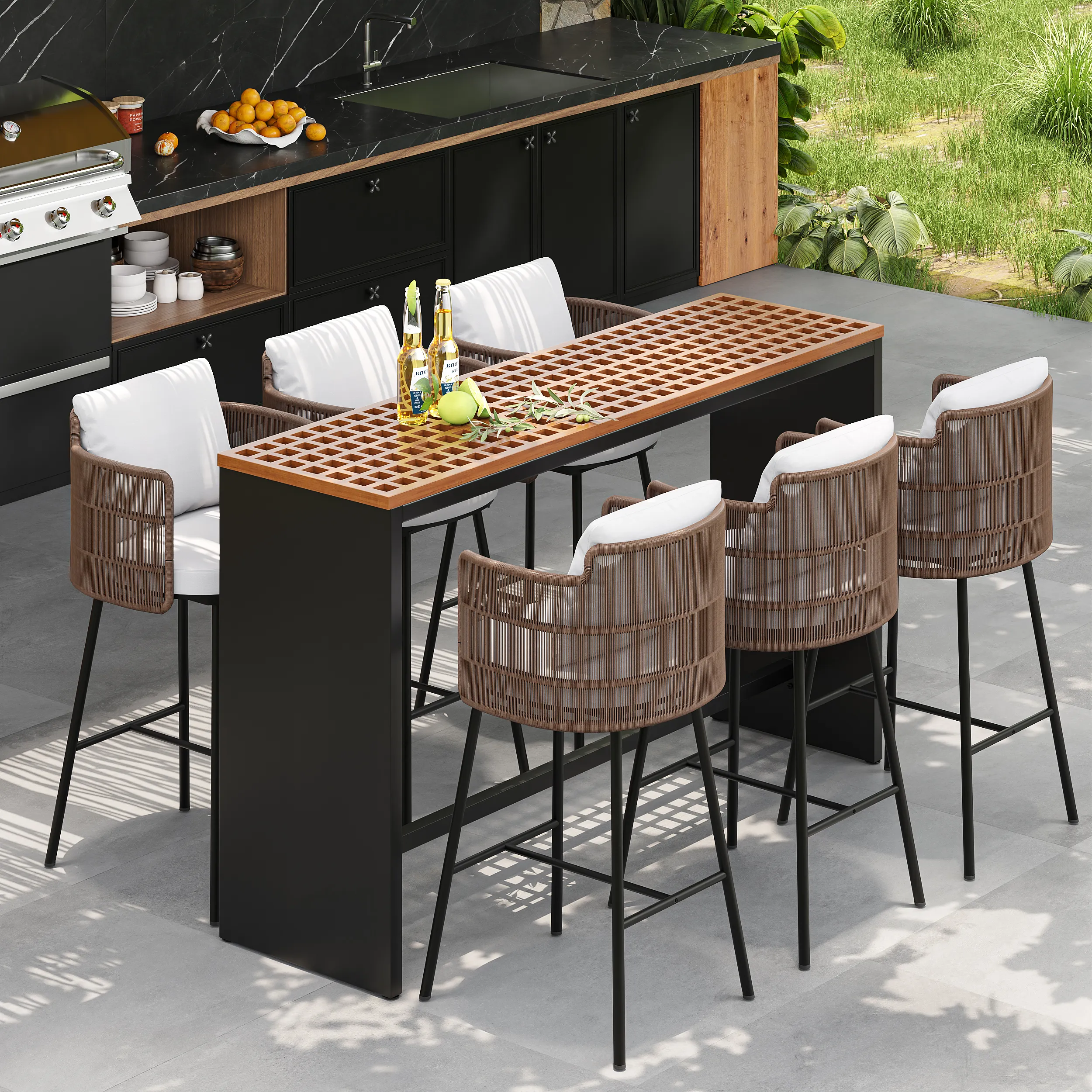 7-Piece Teak Bar Dining Set with Footrests - Aluminum