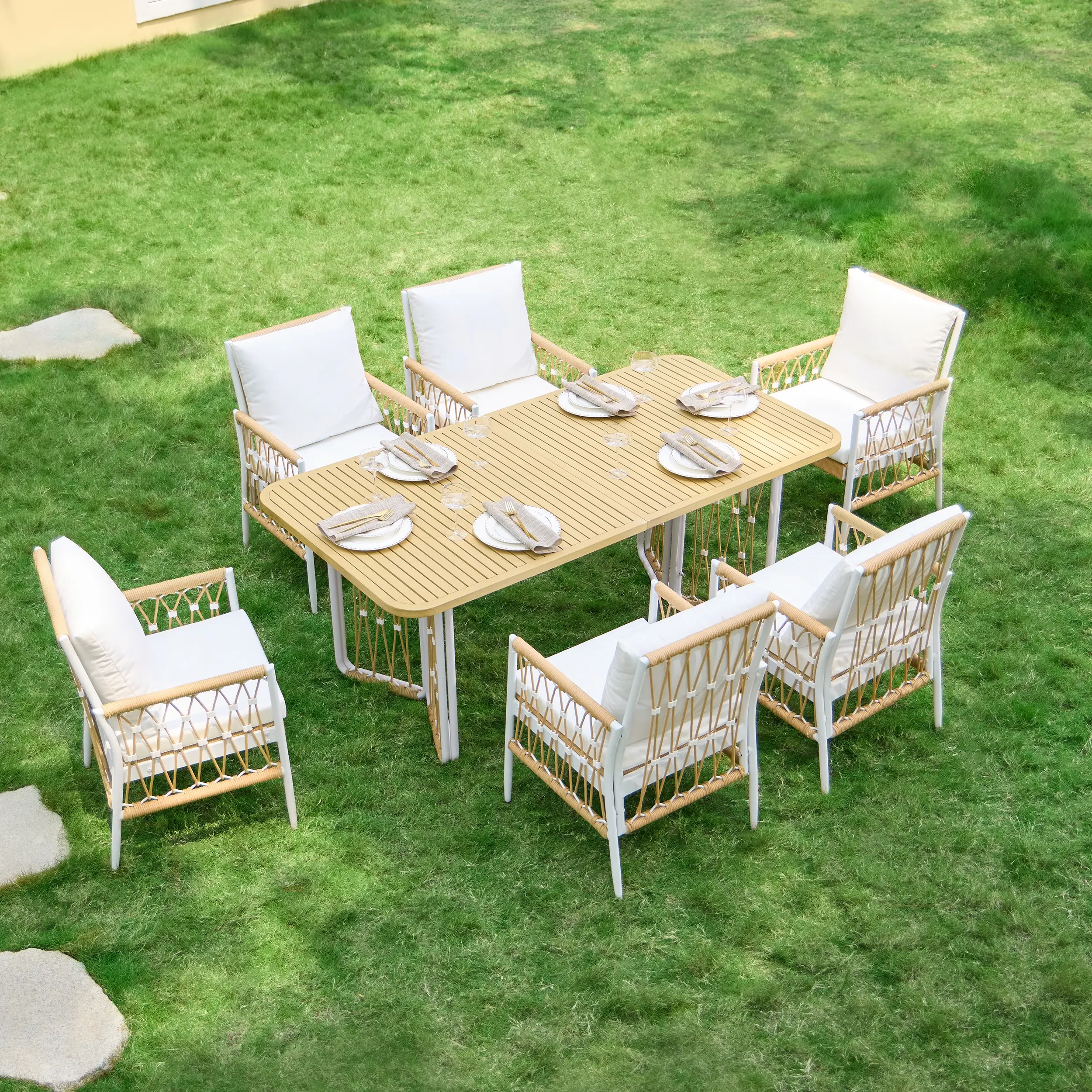 7-Piece Woven Rope Outdoor Dining Set - Khaki, Aluminum image