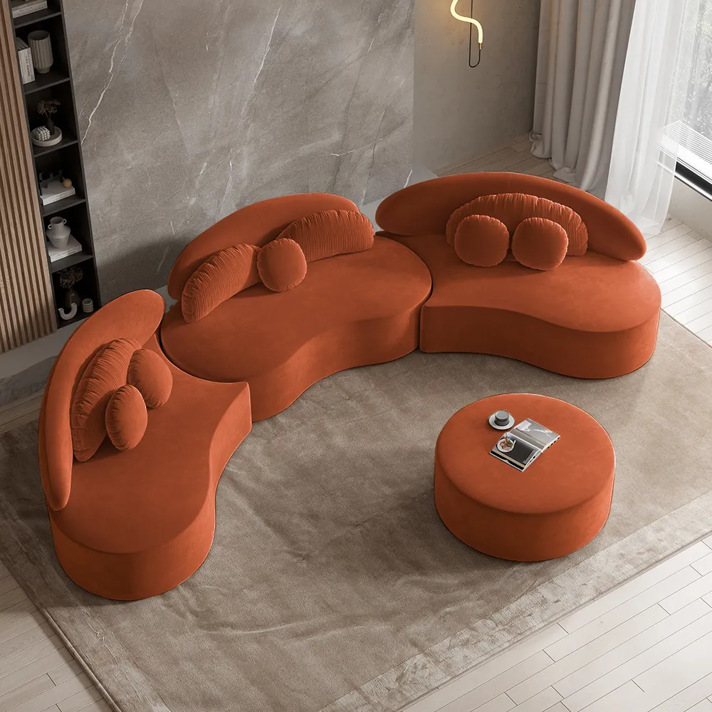 7-Seat Curved Sectional Sofa with Ottoman - Orange, Velvet
