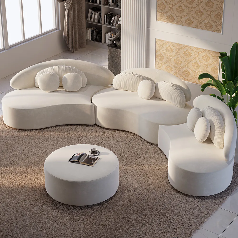 7-Seater Curved Sectional Sofa with Ottoman - Beige, Velvet image