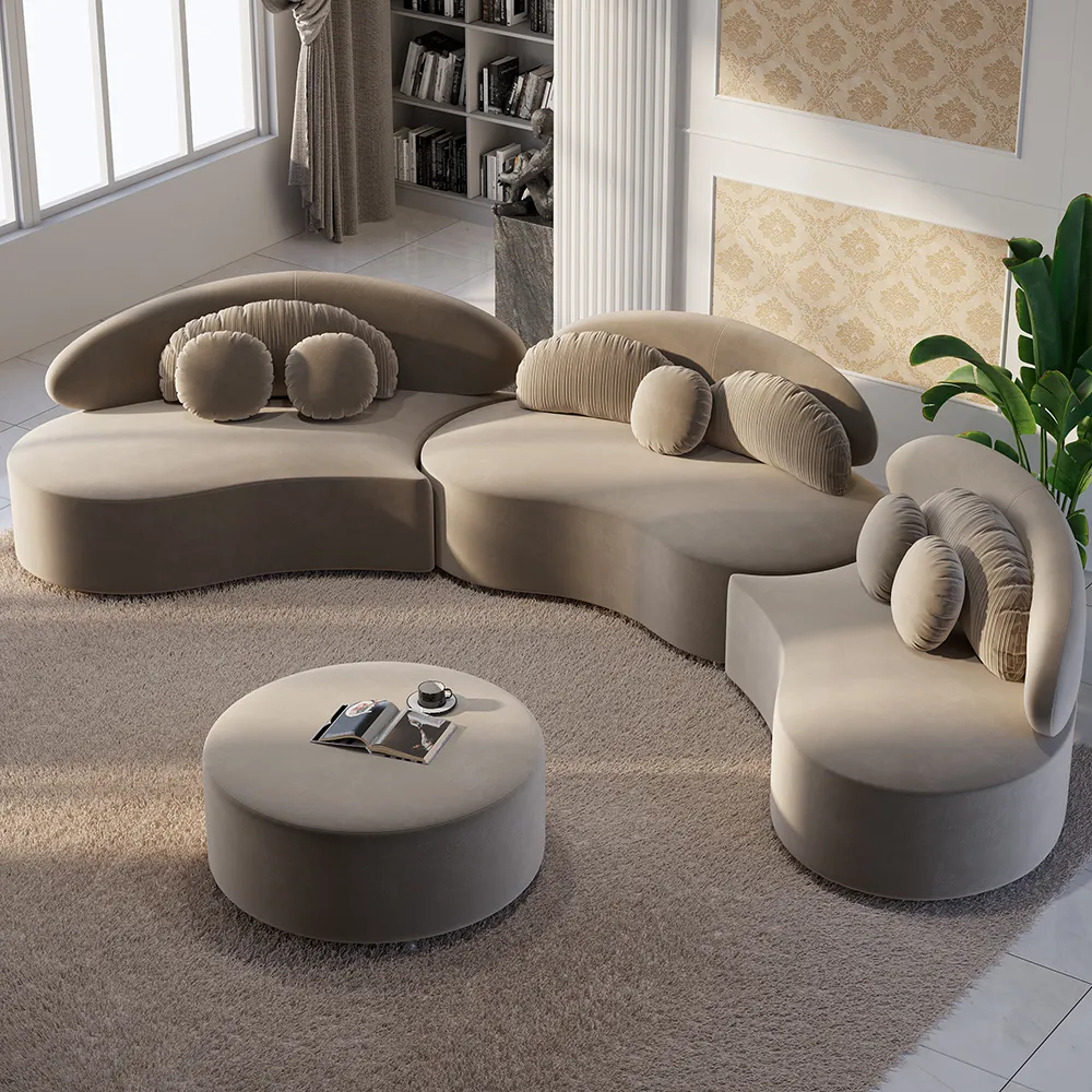 7-Seater Curved Sectional Sofa with Ottoman - Khaki, Velvet