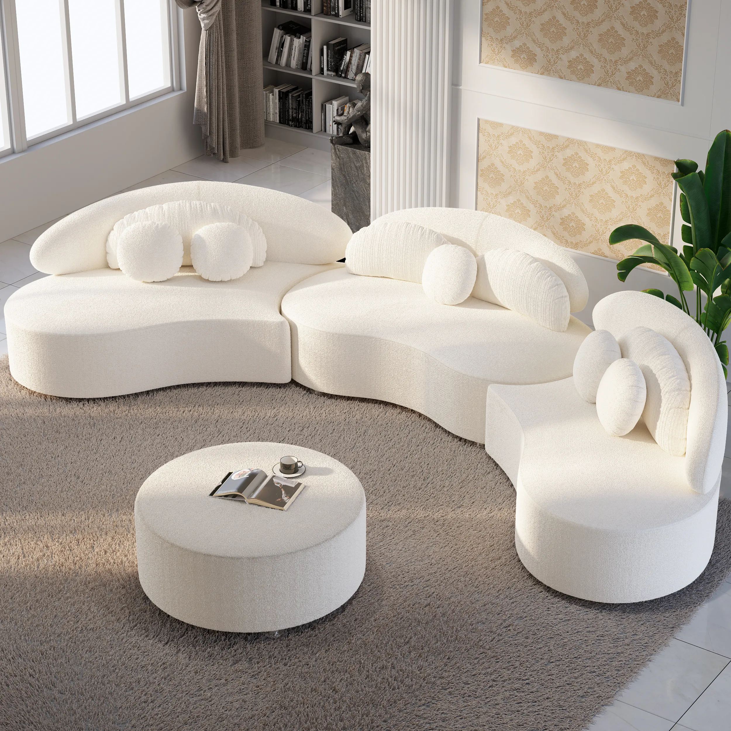 7-Seater Curved Sectional Sofa with Ottoman - White, Boucle