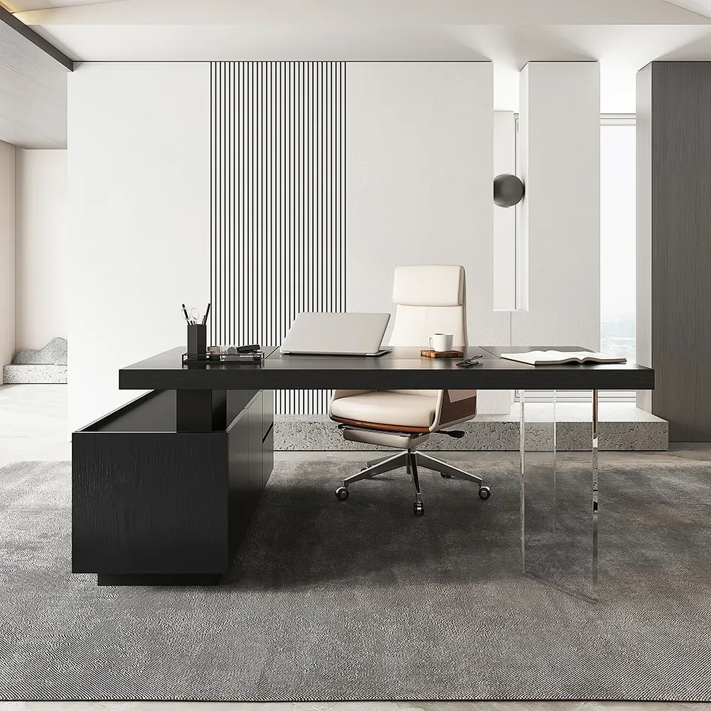 71.5" L-Shape Standing Desk & Office Chair Set - Black, Khaki Leather image