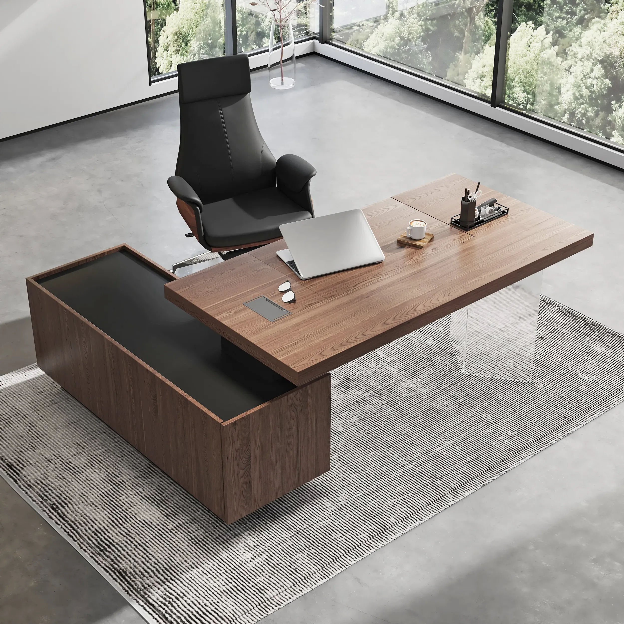 71.5" L-Shape Standing Desk & Reclining Office Chair - Walnut, Leather