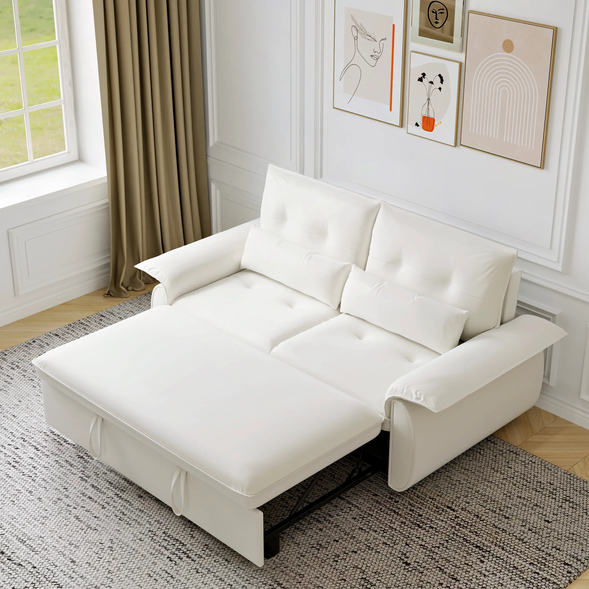 73" Pull Out Sleeper Sofa Bed - White, Faux Leather