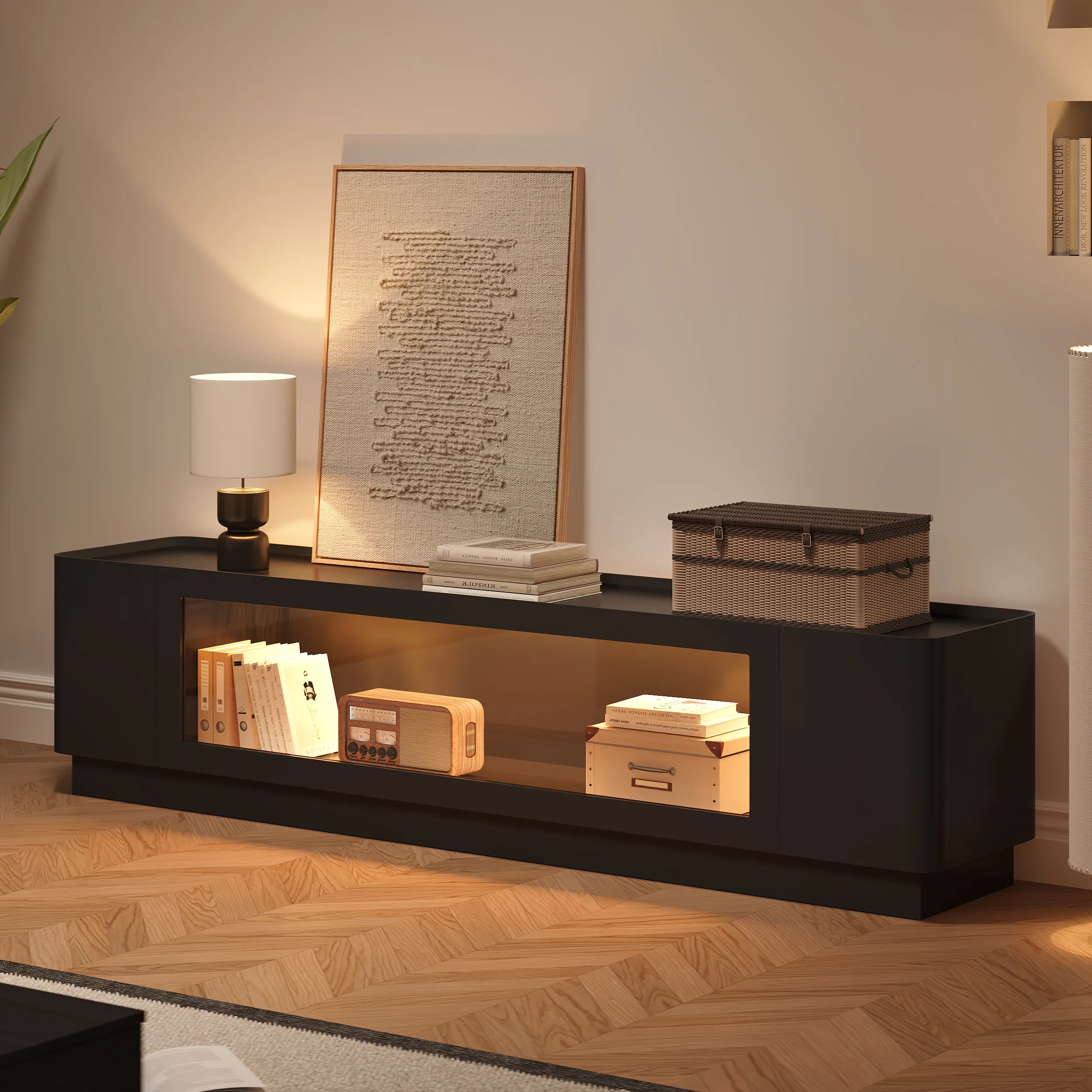 79'' Glass Door TV Stand with Storage & LED - Black image