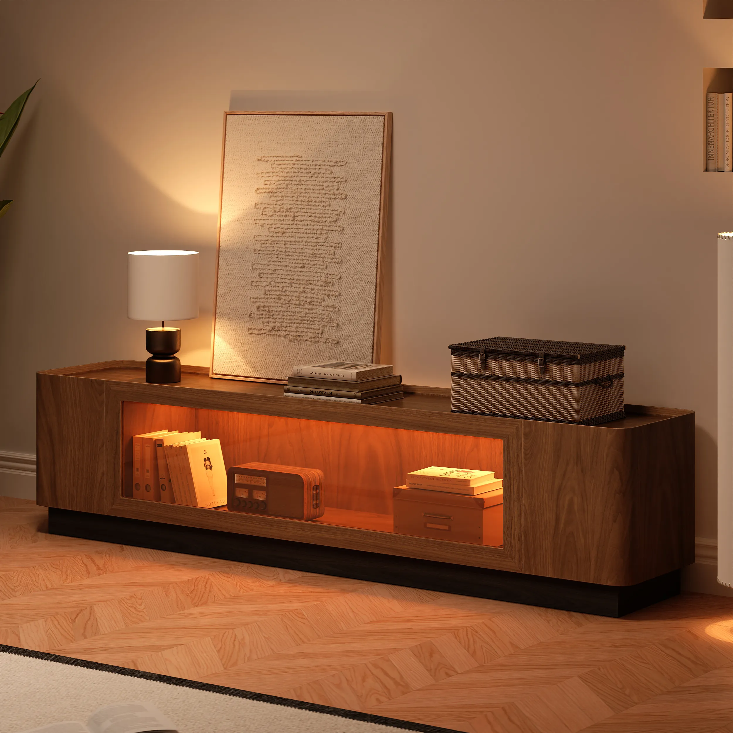 79'' Glass Door TV Stand with Storage & LED - Walnut