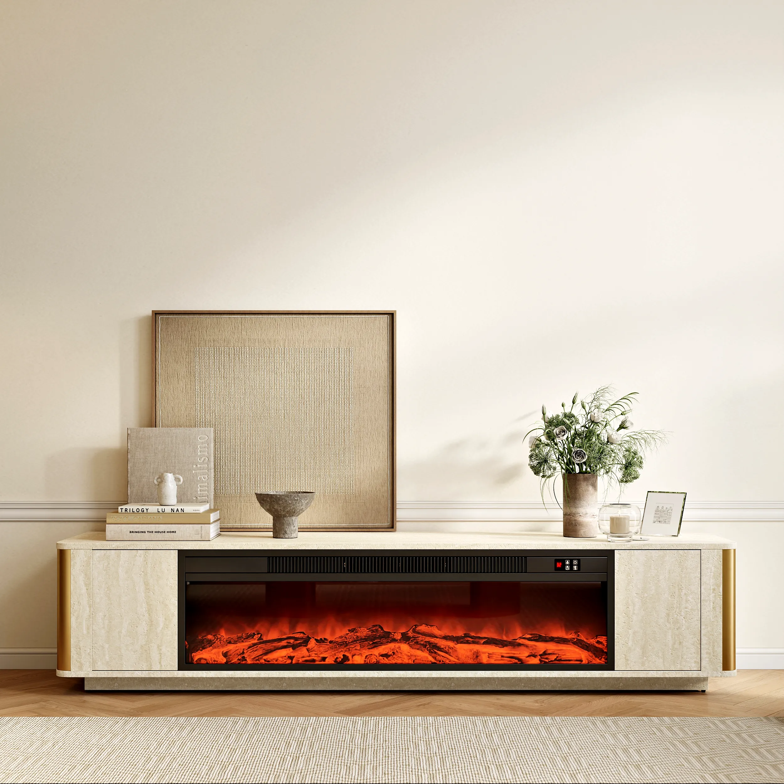 79'' Travertine Electric Fireplace TV Stand with Storage - Oatmeal