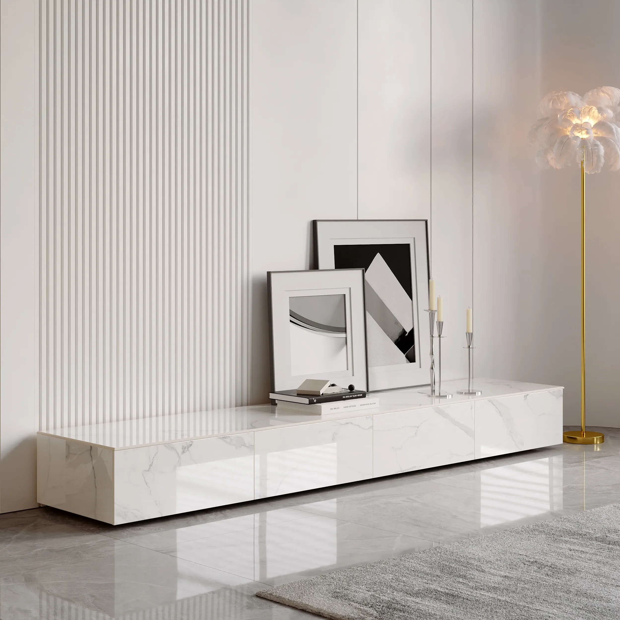 79" TV Stand with Storage for TVs Up to 75" - White, Faux Marble