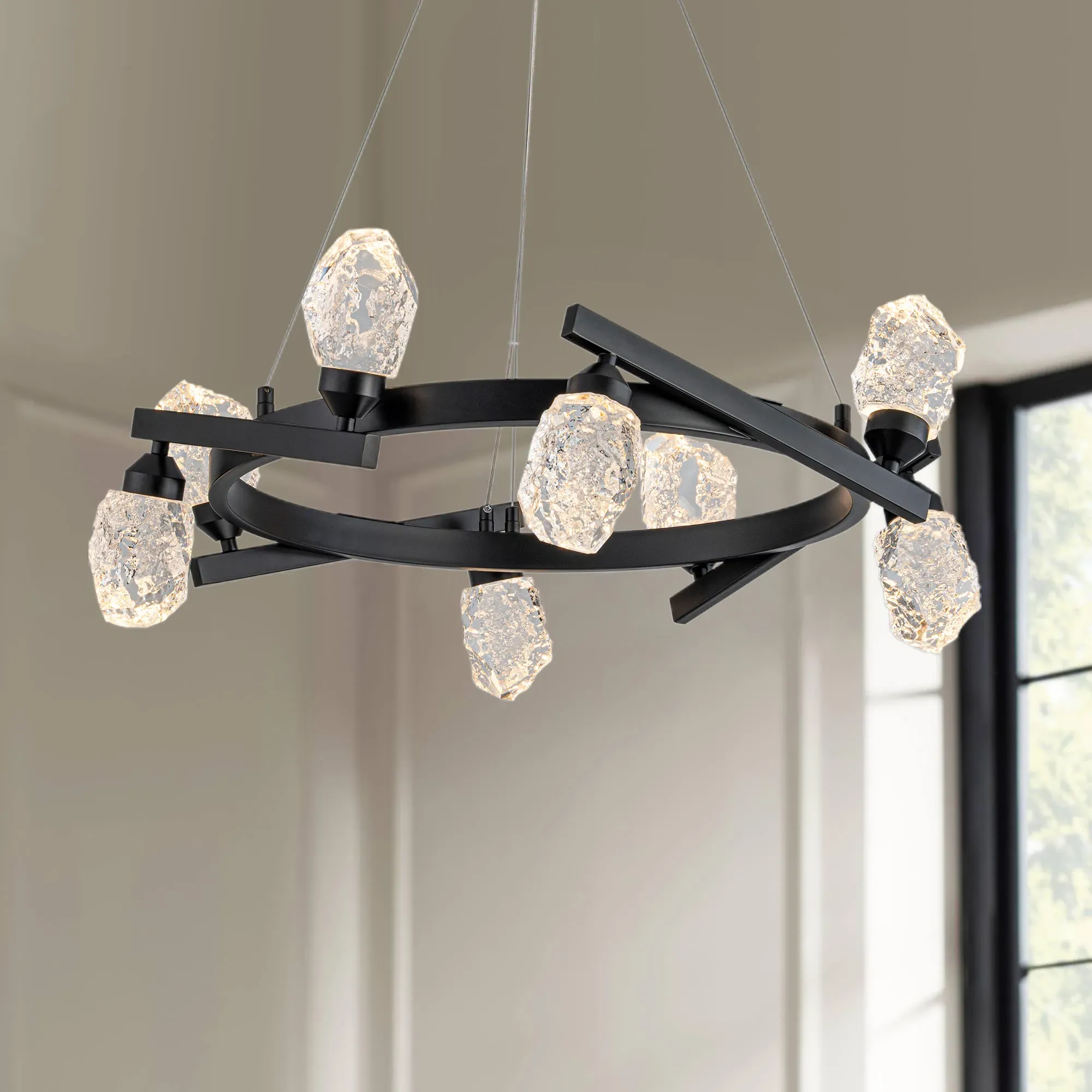 8-Light Ring Frame Chandelier with Stone-Textured Crystals - Black