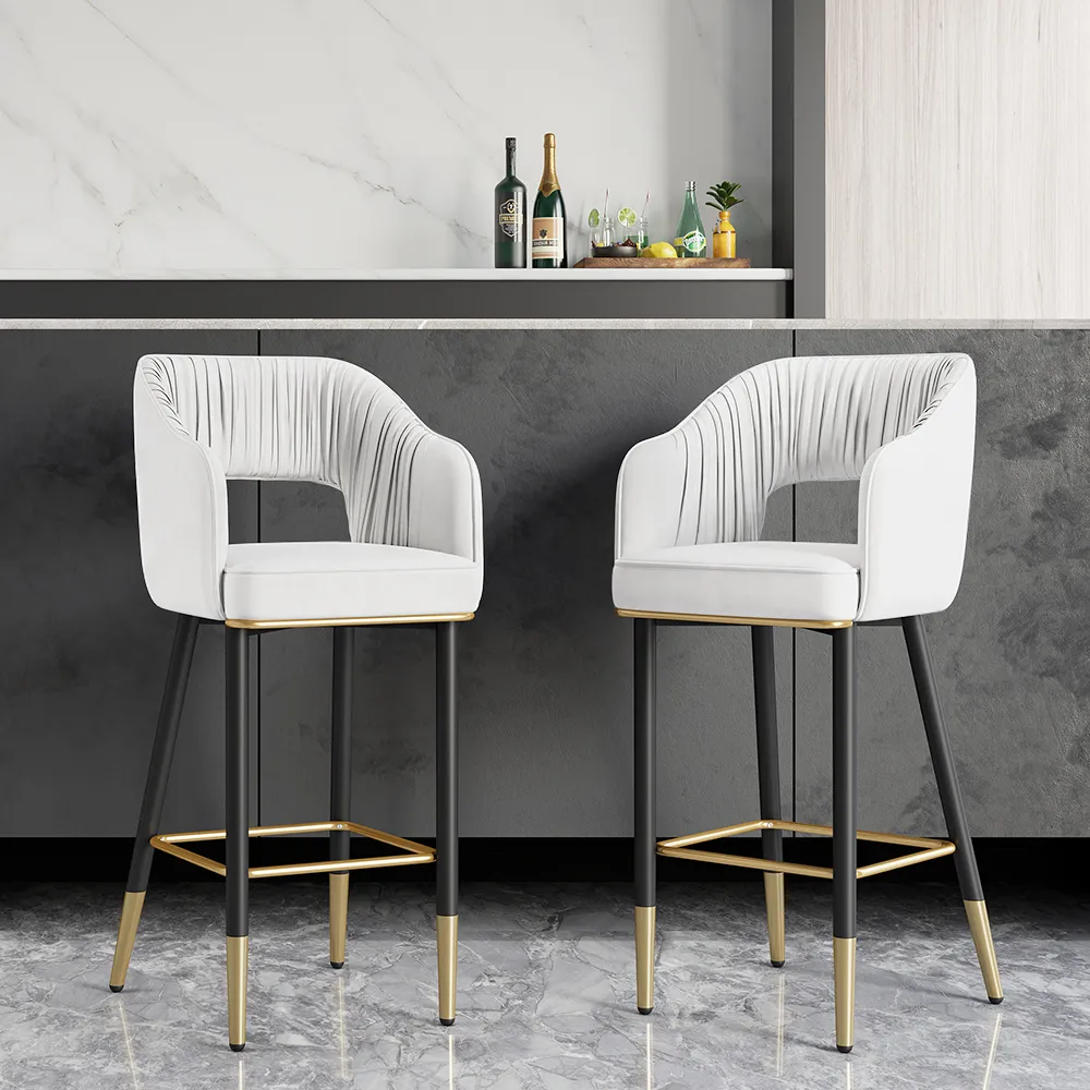 8-Piece Bar Stool with Back & Footrest - White, Velvet