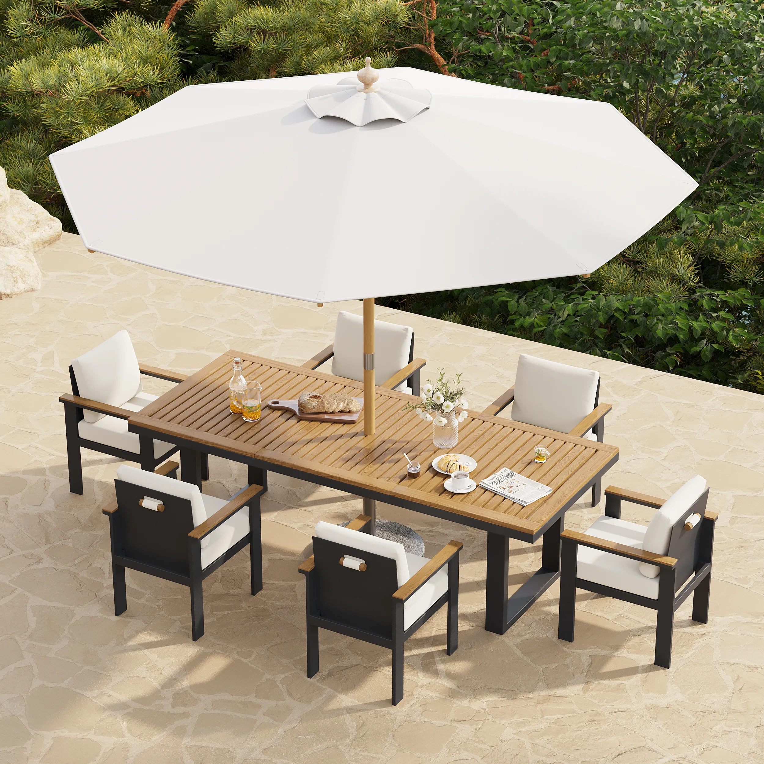 8-Piece Rectangle Outdoor Dining Set with Umbrella - Teak, Aluminum