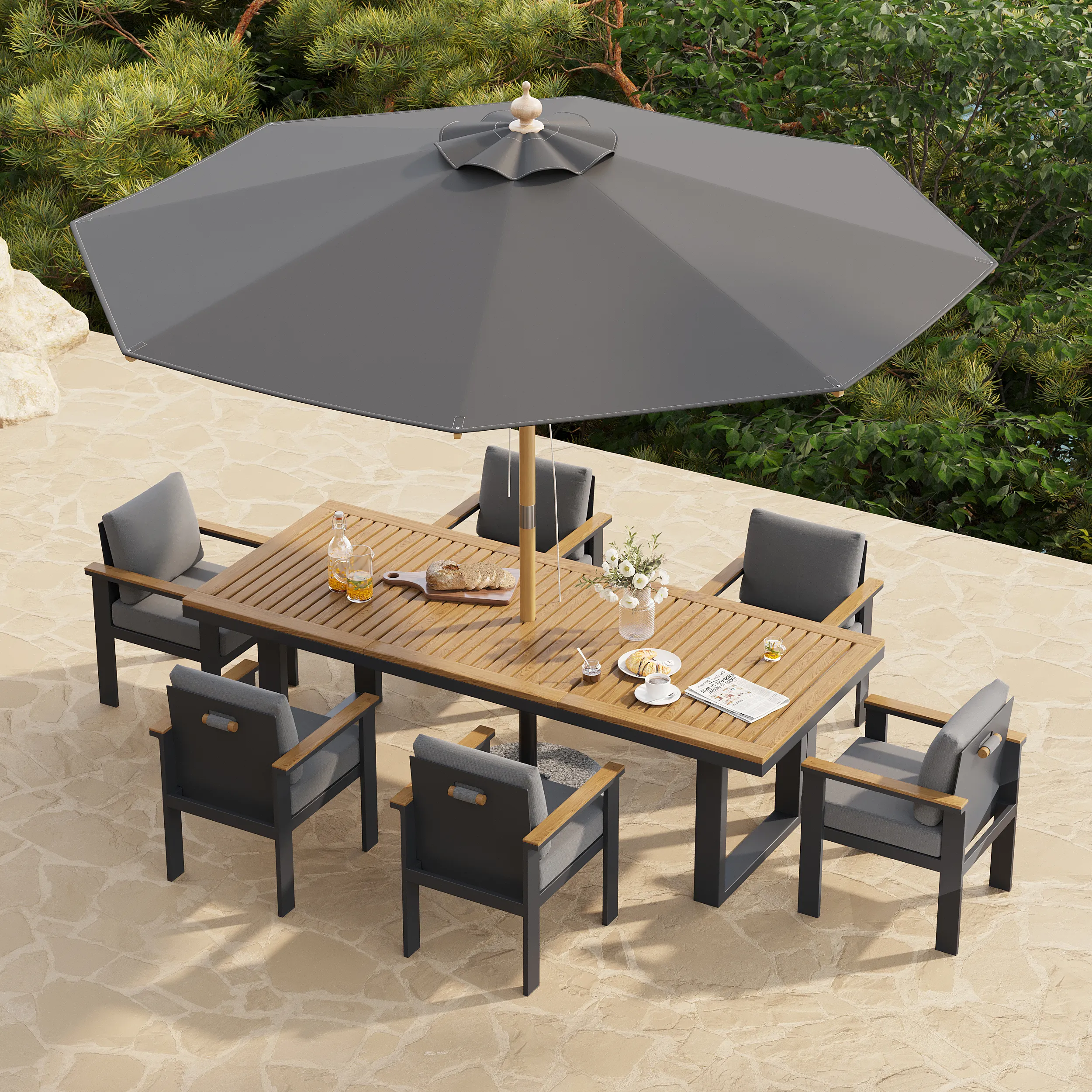 8-Piece Rectangle Outdoor Dining Set with Umbrella - Teak, Aluminum