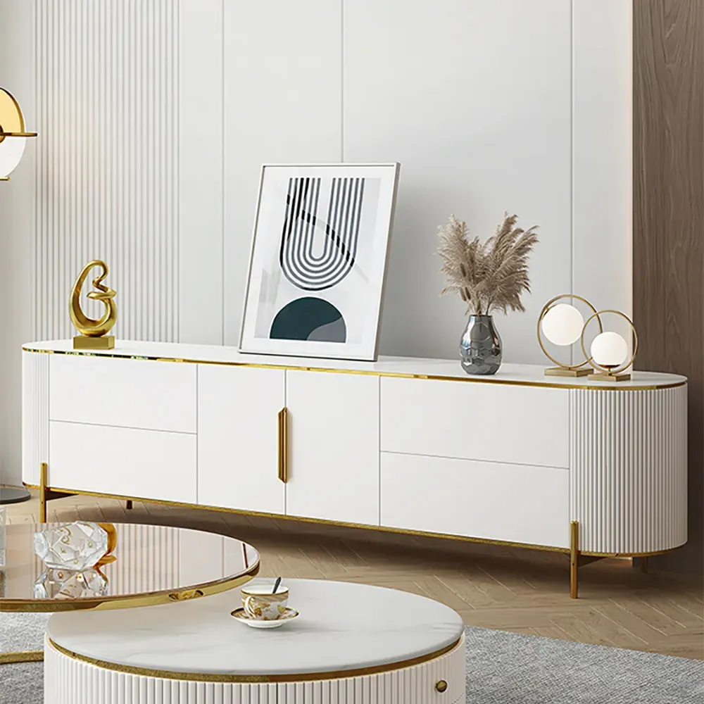 86.6" Oval TV Console with Drawers & Doors - White