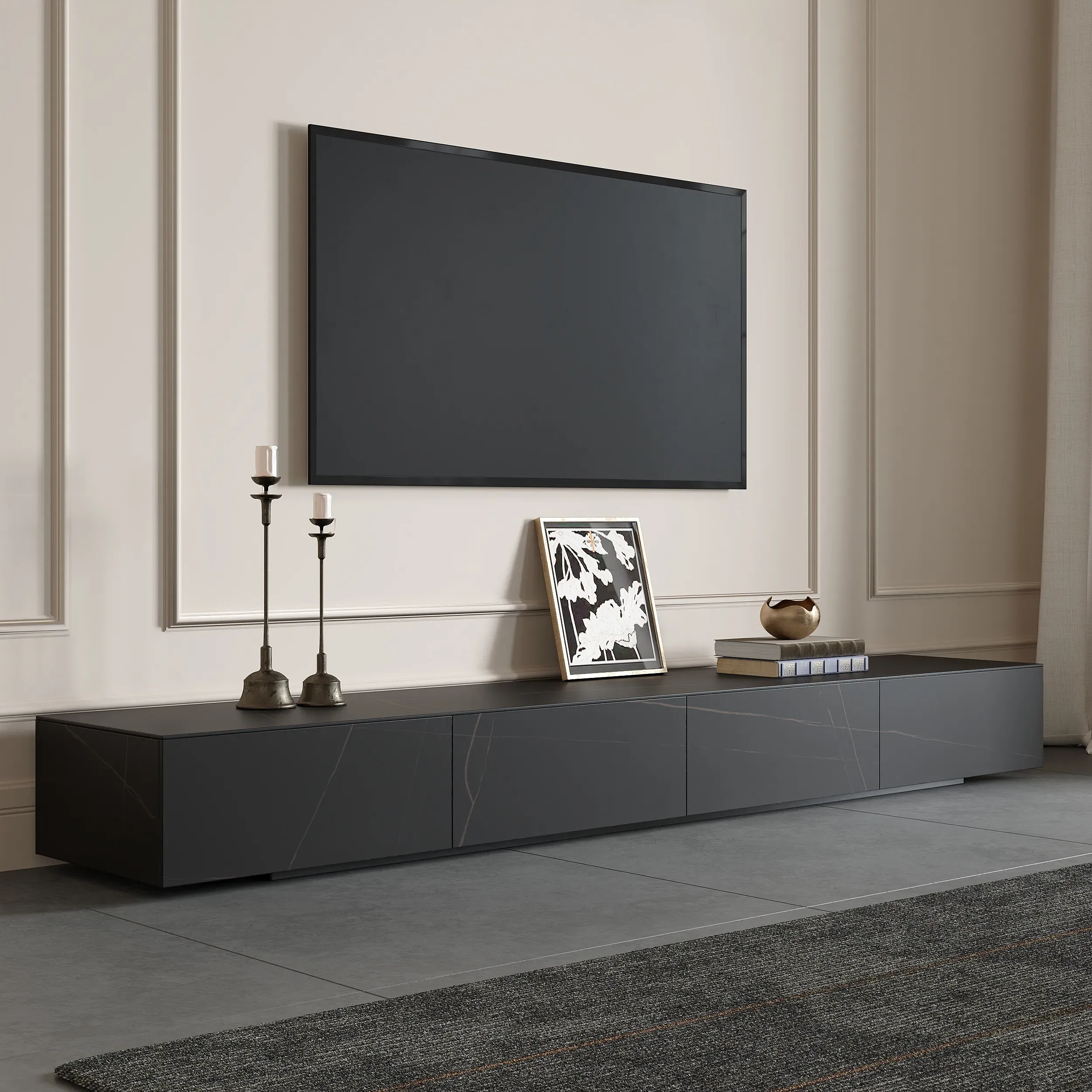 87" TV Stand with 4 Drawers - Black, Faux Marble