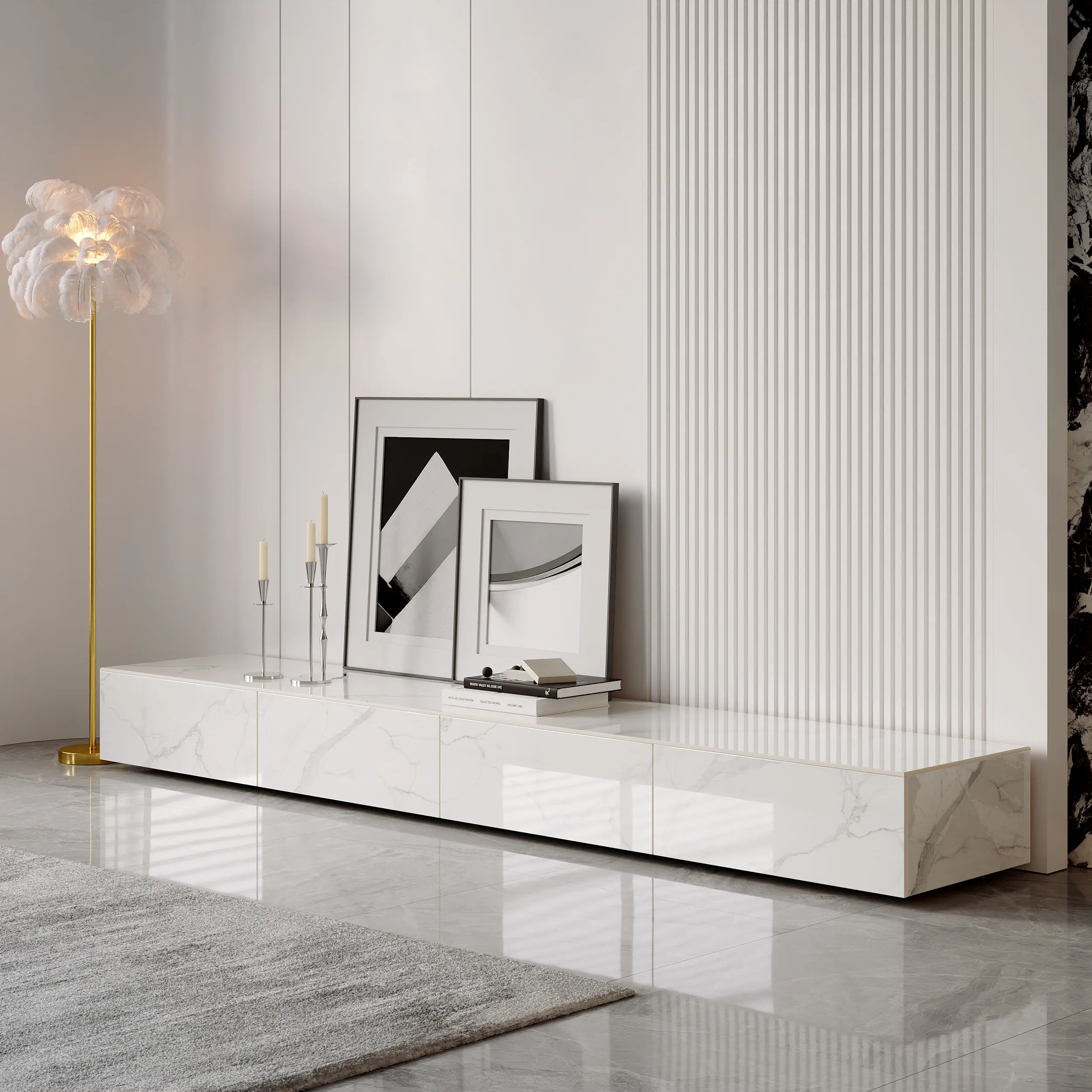 87" TV Stand with 4 Drawers - White, Faux Marble image