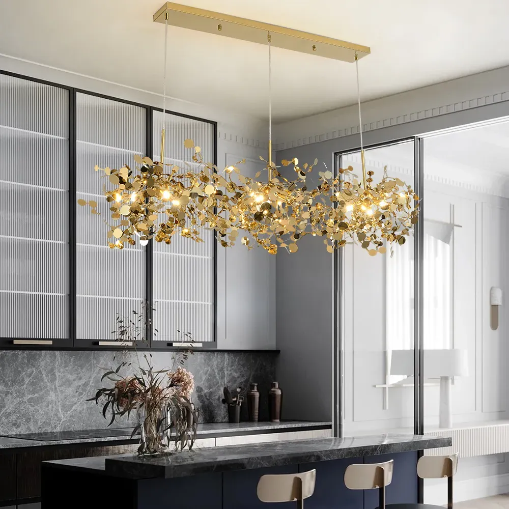 9-Light Stainless Steel Kitchen Island Chandelier - Gold image