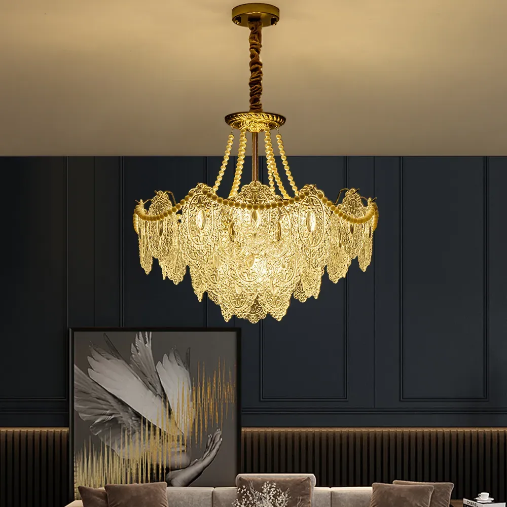 9-Light Tiered Glass Chandelier with Pearl Chain - Gold