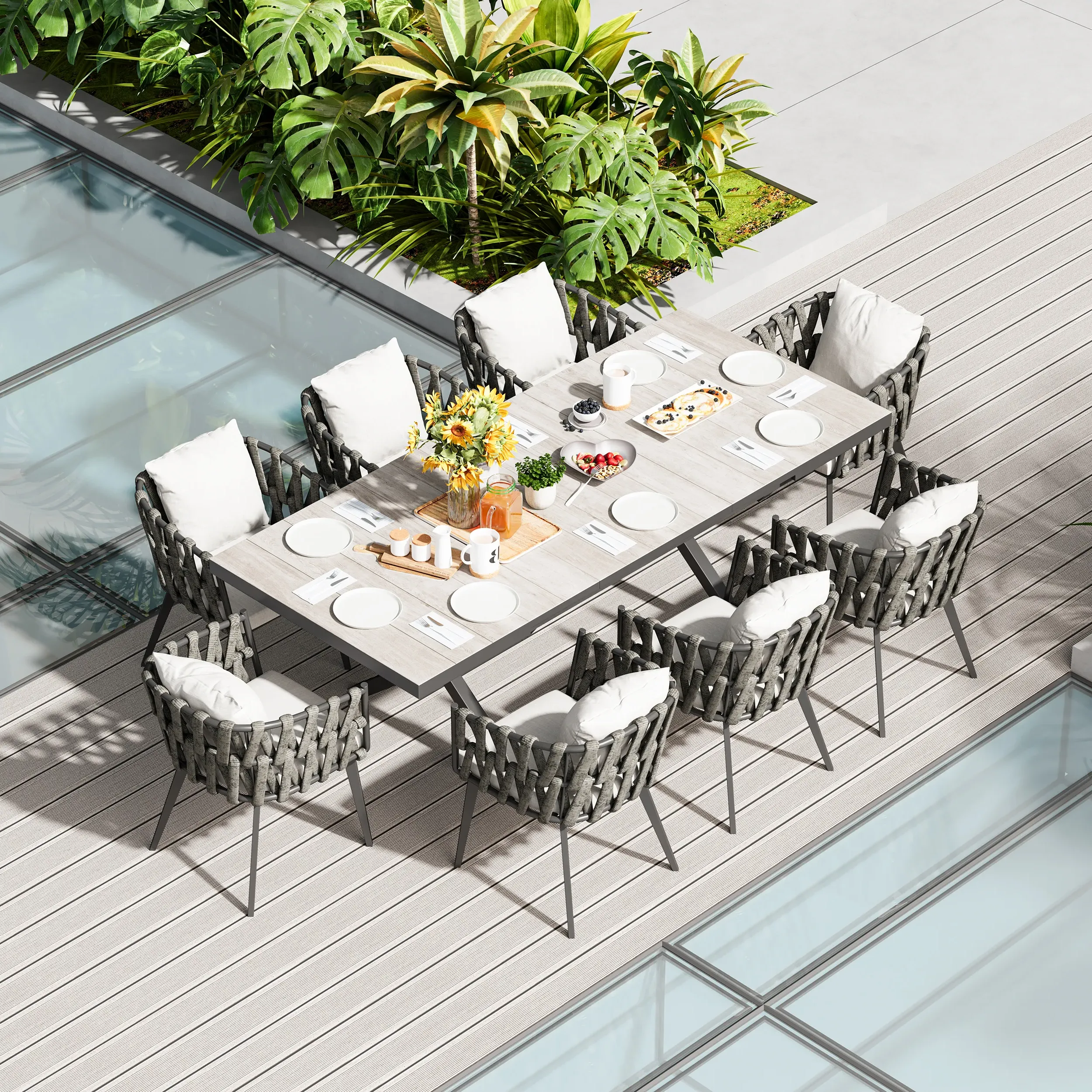 9-Piece Extendable Outdoor Dining Set with Ceramic Top - Stone Look image