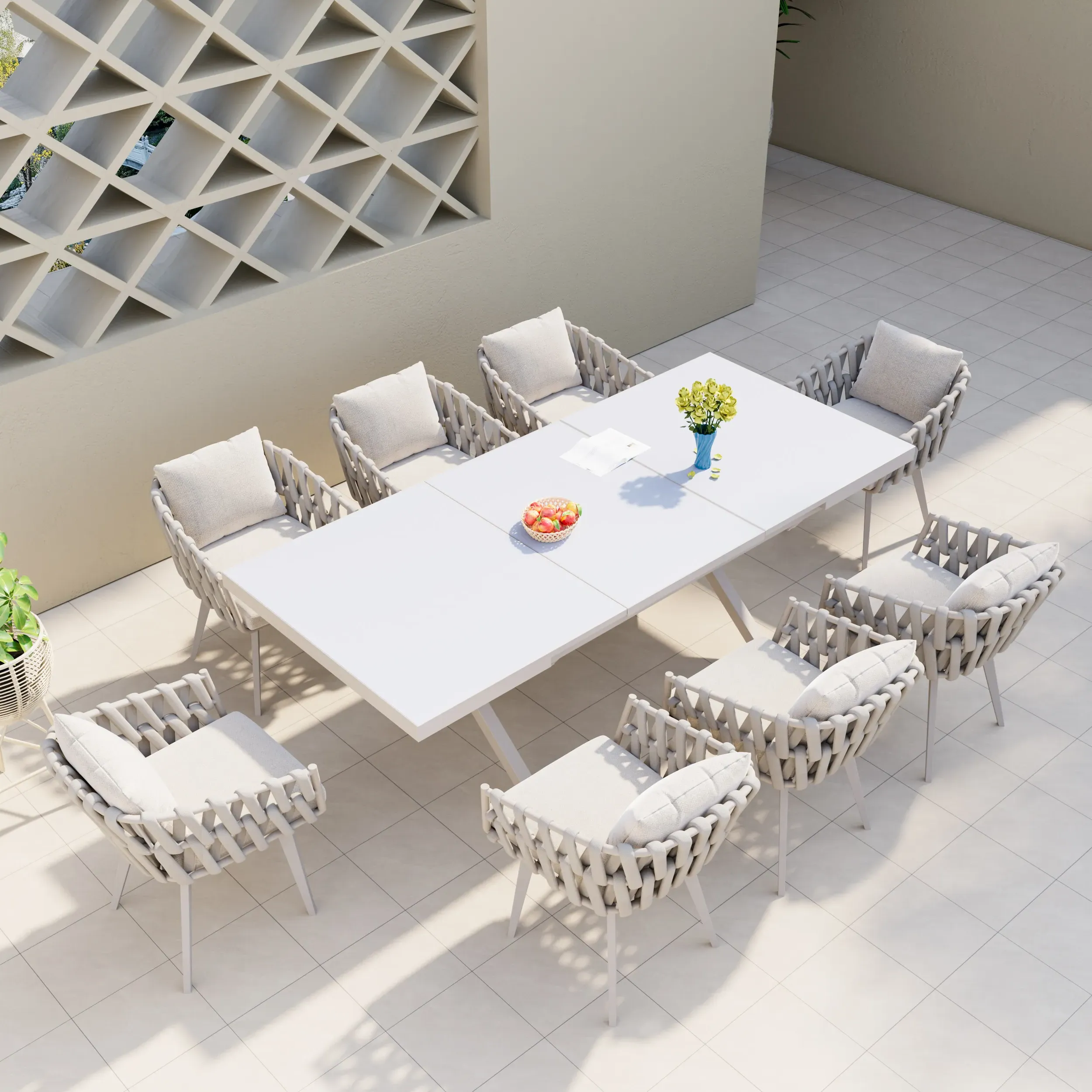 9-Piece Extendable Outdoor Dining Set with Woven Armchairs - White image