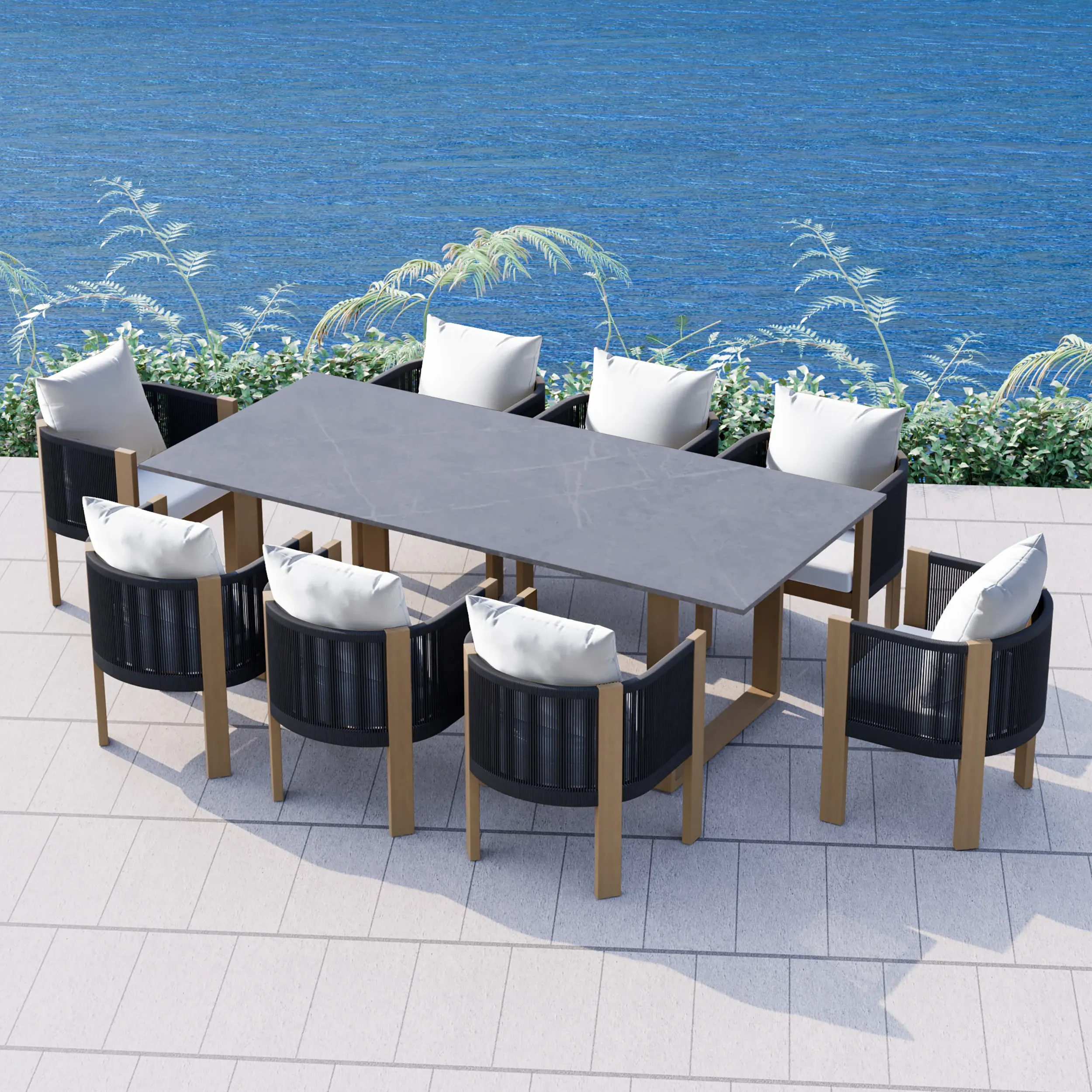 9-Piece Faux Marble Outdoor Dining Set with Woven Rope Chairs - Gray image