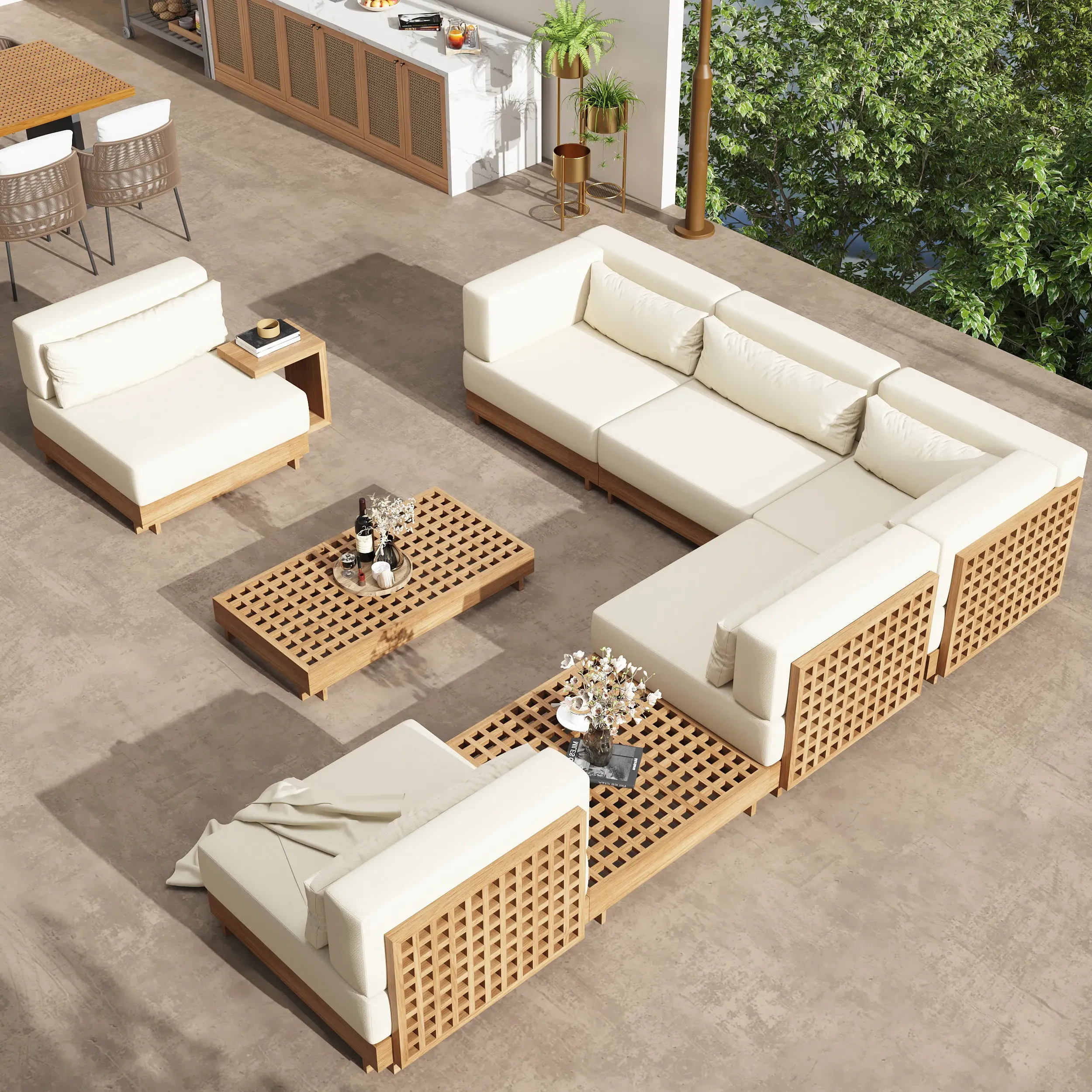 9-Piece L-Shaped Outdoor Sectional Sofa Set - Beige, Teak