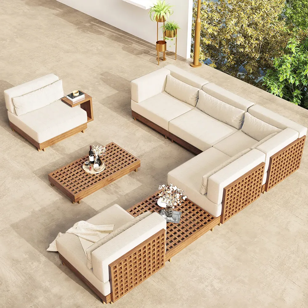 9-Piece L-Shaped Outdoor Sectional Sofa Set - Beige, Teak image