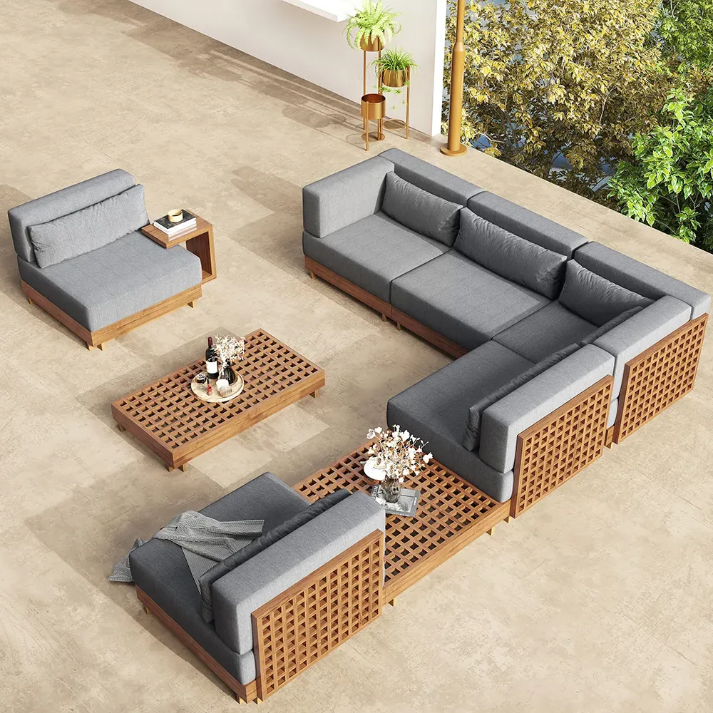 9-Piece L-Shaped Teak Sectional Sofa Set - Grey