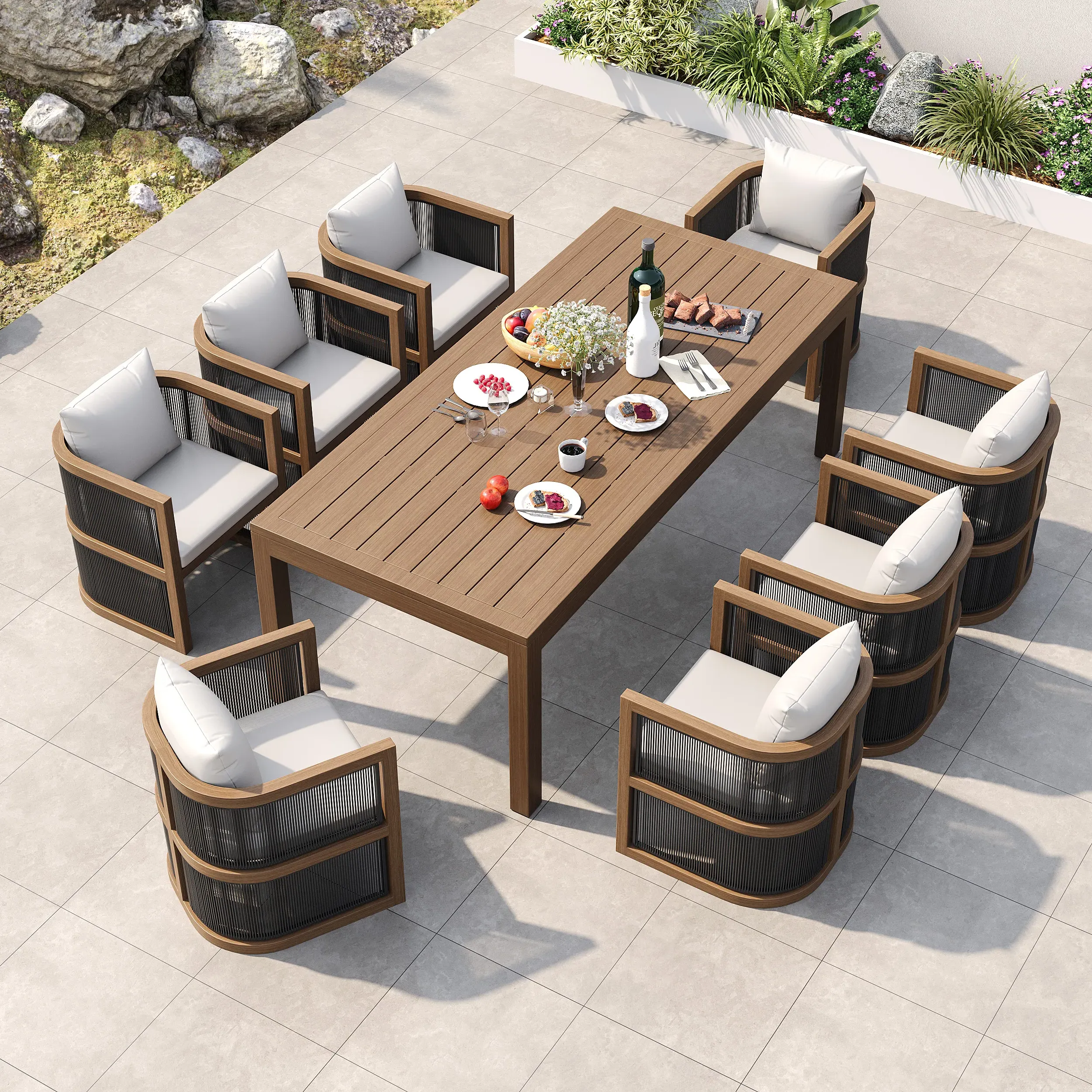 9-Piece Outdoor Dining Set for 6 - Natural Wood Look
