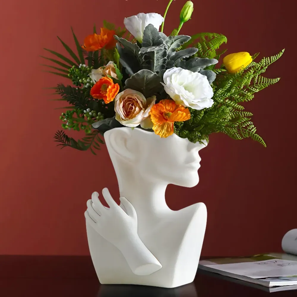 9.4" Bust Head Flower Vase - White, Resin image